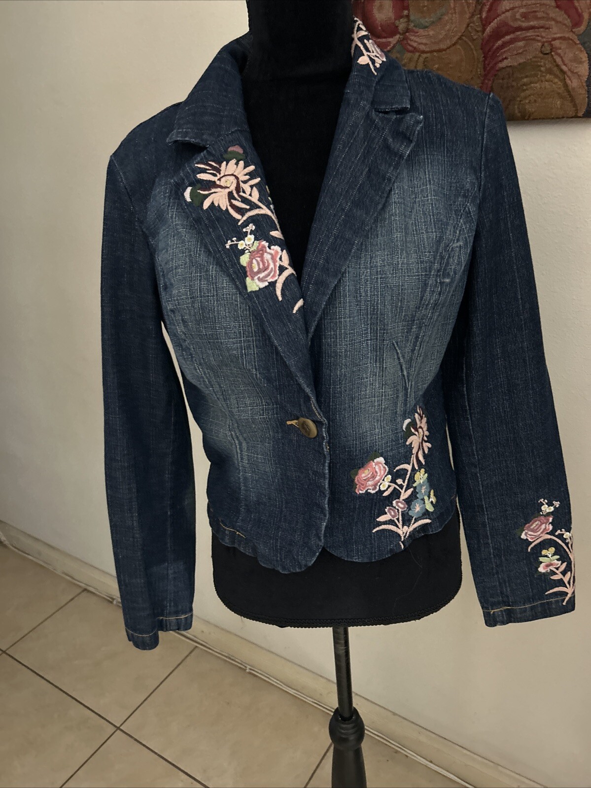 Vtg Y2K Bisou Bisou Floral Embroidered Cropped Blue Jeans Denim Jacket Size L