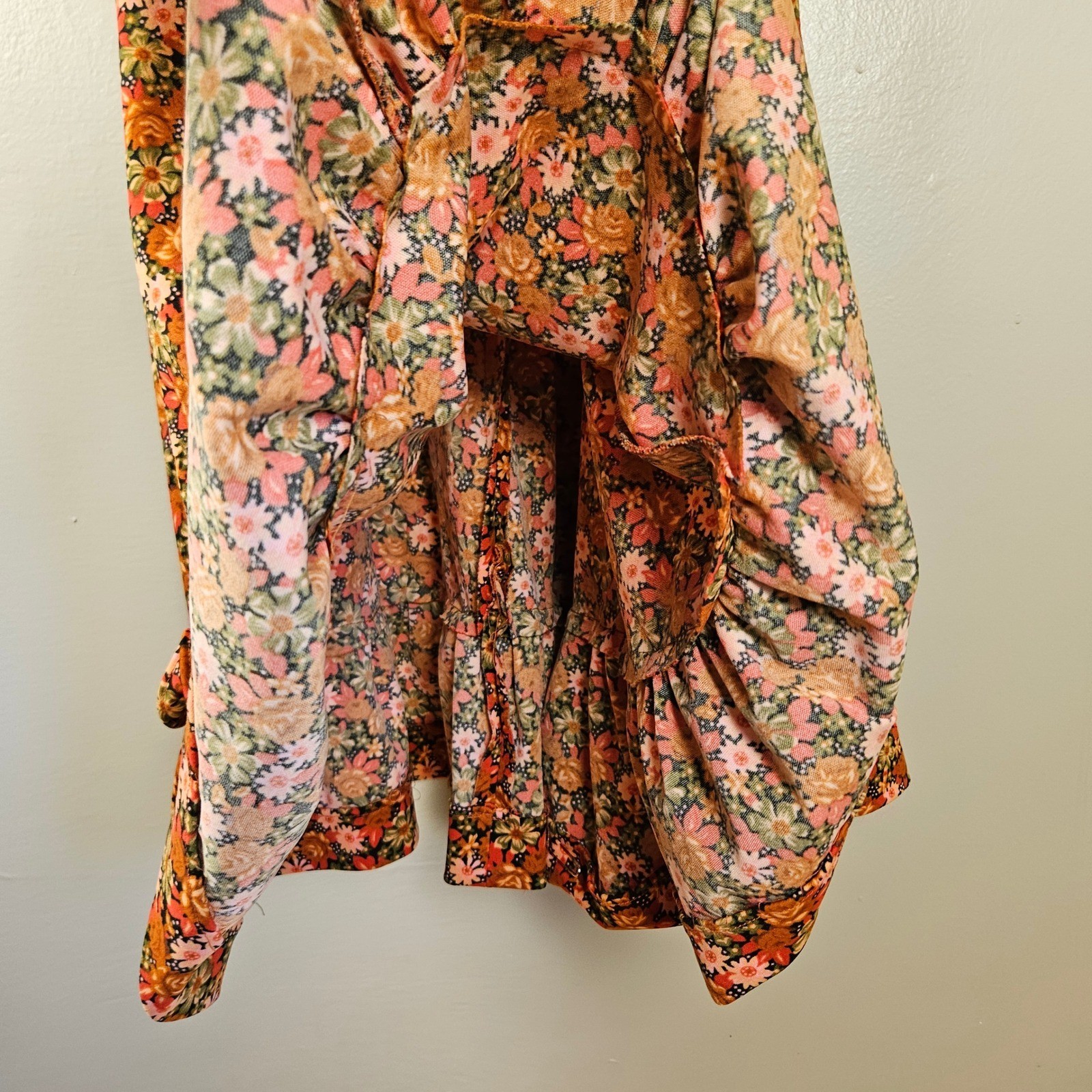 Vintage Floral Polyester Off The Shoulder Fit & Flare Dress Sz S? XS? Rust Brown