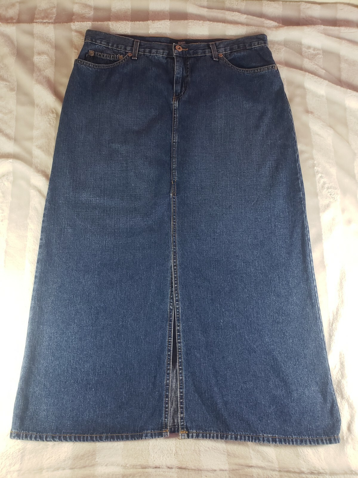 Vintage Just Jeans USA Denim Maxi Skirt Juniors Size 17 Blue Straight Front Slit