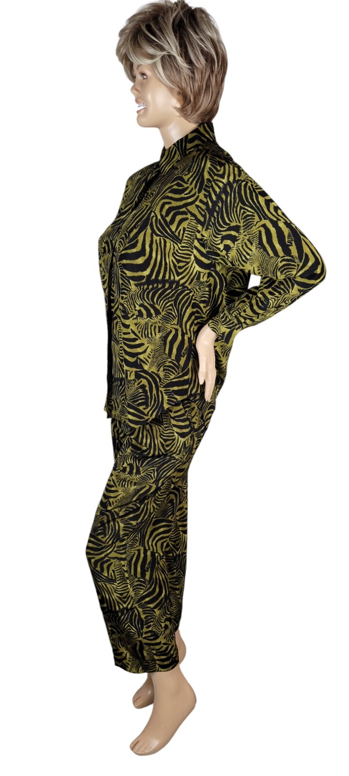 Vintage Ann May 100% Silk Zebra Green & Black Animal Blouse & Pant Suit Set 8
