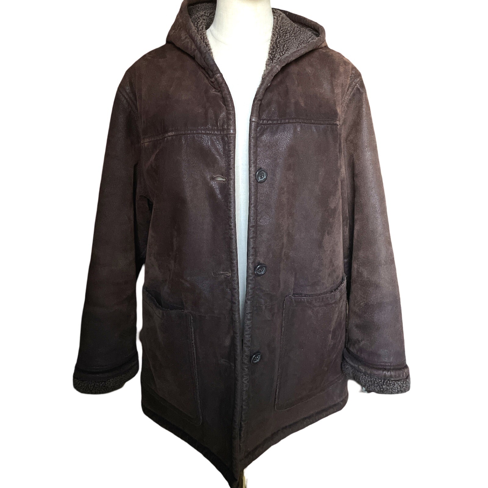 Vtg Brown Genuine Leather Faux Sherpa Lined Coat