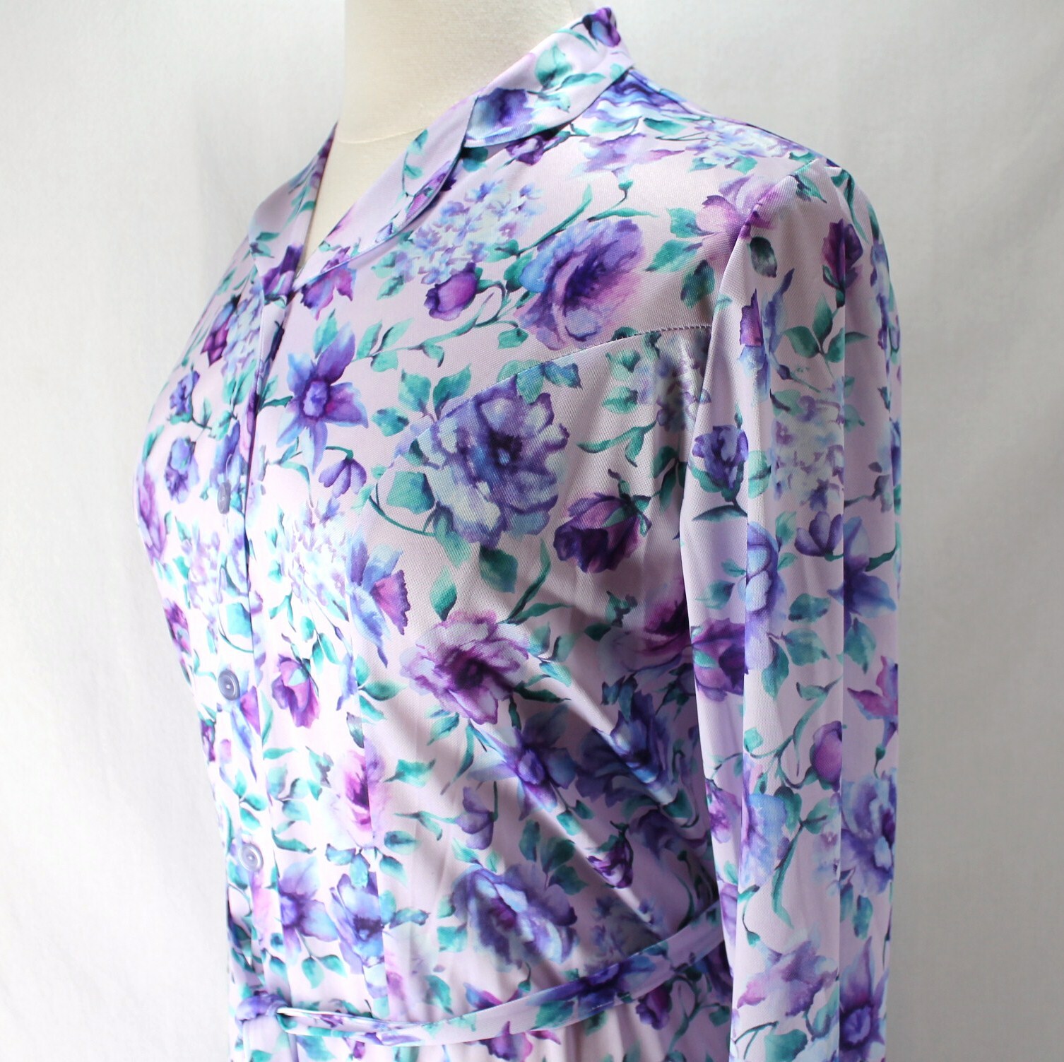 Nancy Frock Wear Anywhere Dress Womens 16 1/2 Purple Floral Long Sleeve Vintage