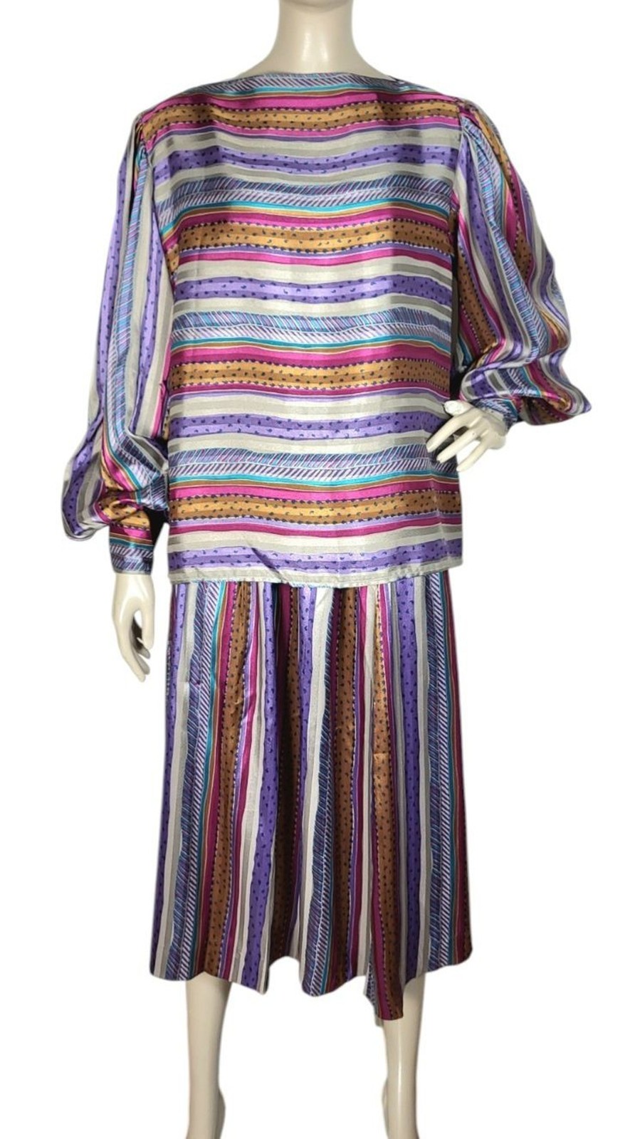 VTG 70s Evan Picone Silky Satin Mixed Media Puff Balloon Sleeve Blouse Skirt Set