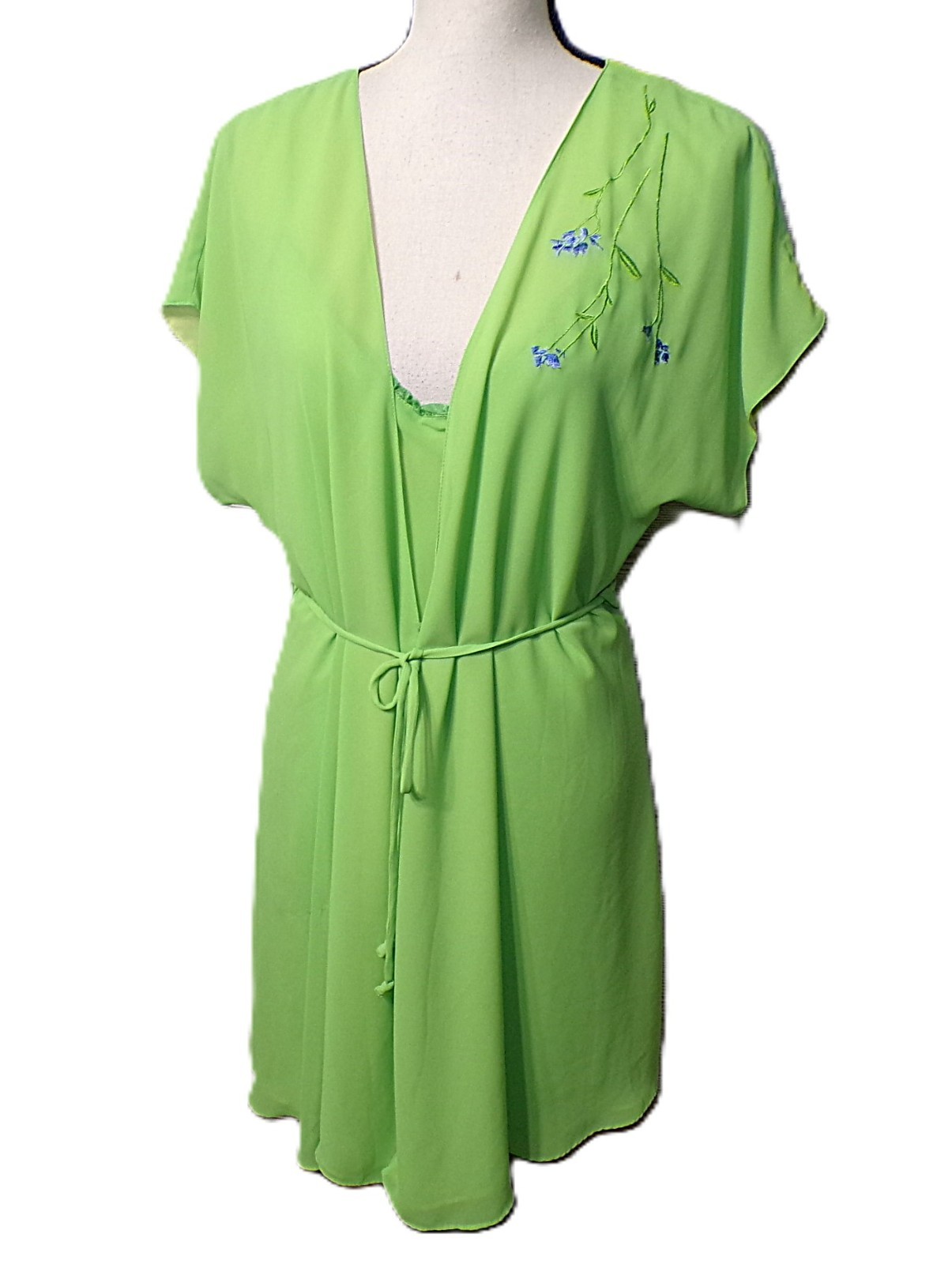 Vtg Slip Dress XL 2 pc Peignoir Chartreuse Purple Floral Embroidered Fairy Y2k