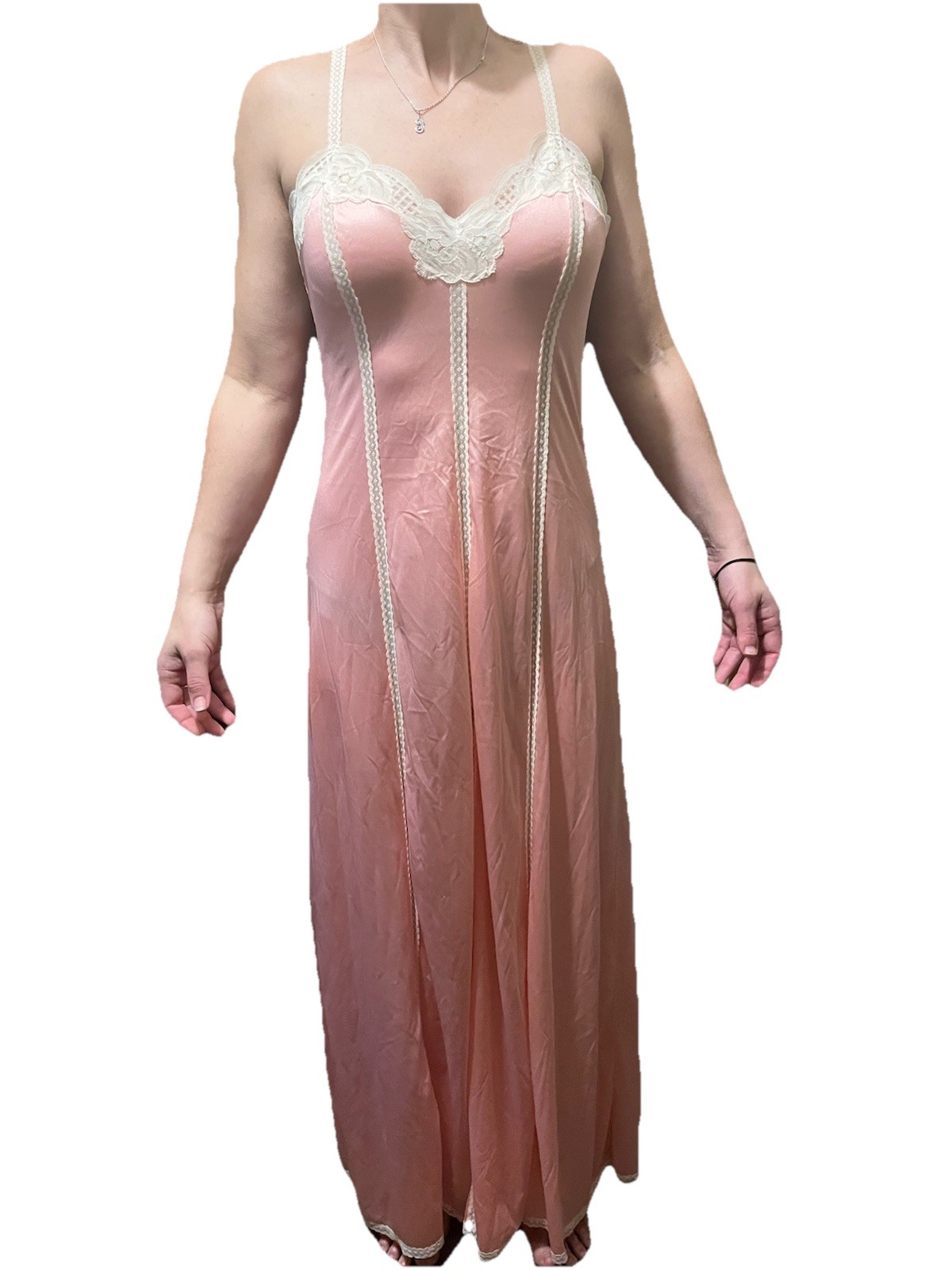 Sz S Elegant Vintage Lt Pink & White W Lace Detail & Straps MCM Night Gown 1960s