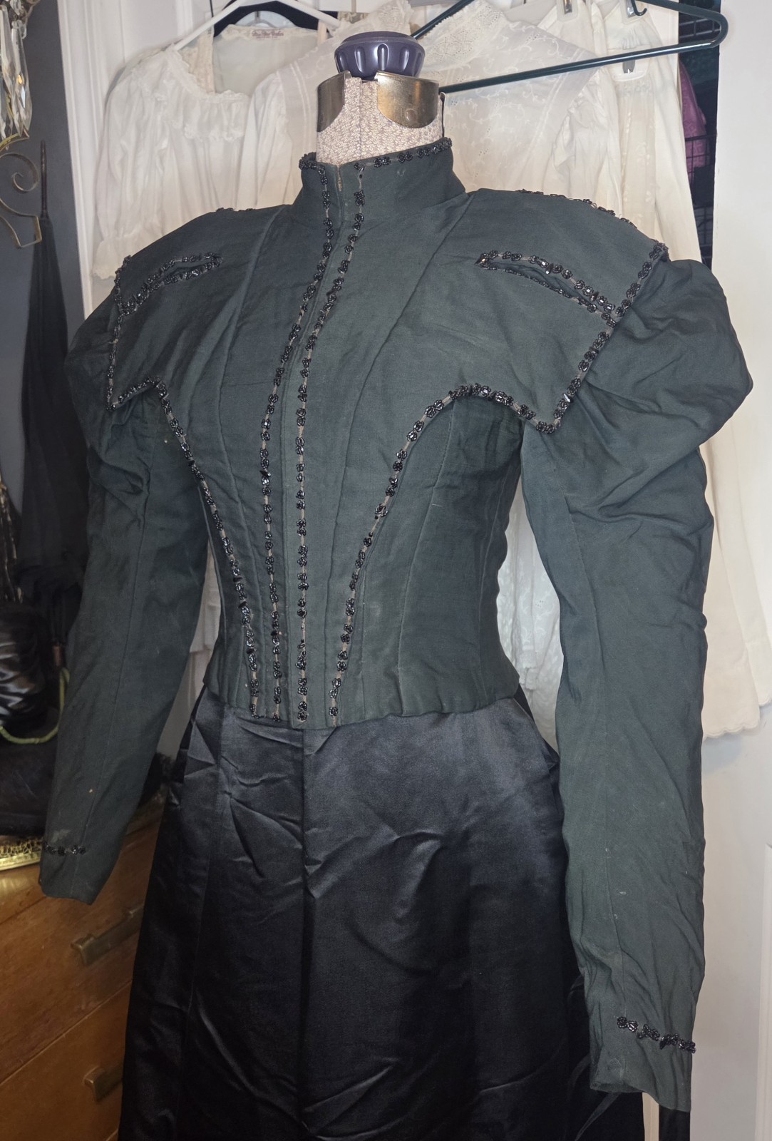 Deep Hunter Green Victorian Cotton Blend Bodice w/ Jet Black Bead Trim