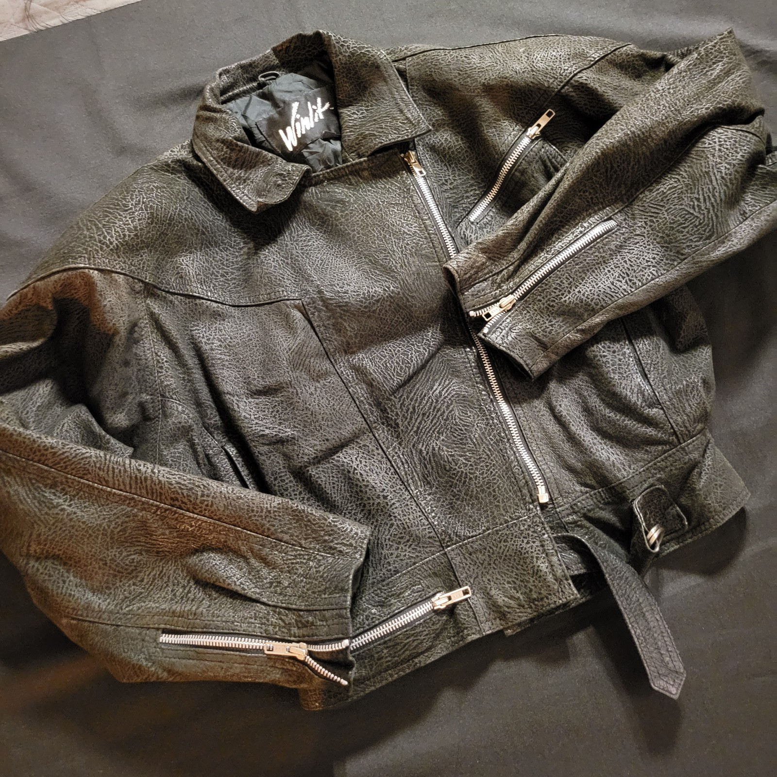 VTG 80s WINLIT Genuine Leather Womens S Black Biker Jacket Shoulder Pads Korea