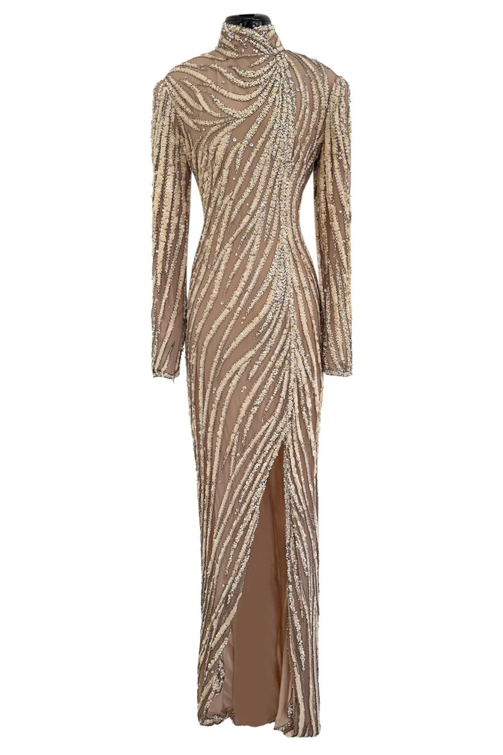 Rare 1980s Bob Mackie Ivory Sequin Nude Net High Slit Gown Sz 10