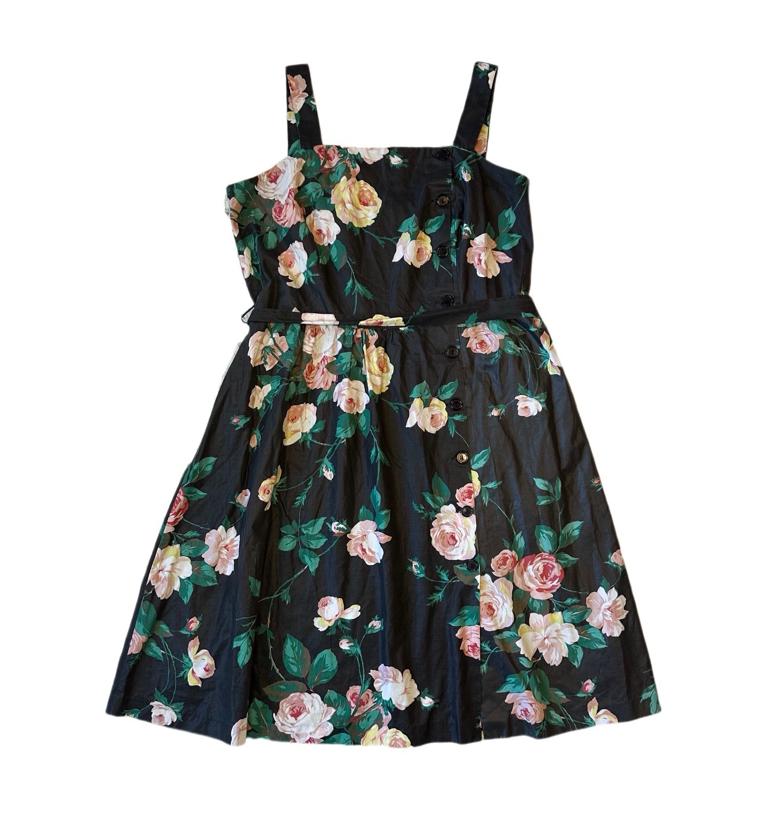 80s Sears Black Floral Rose Dress Sundress Fit N Flare Womens XL VTG Cottage