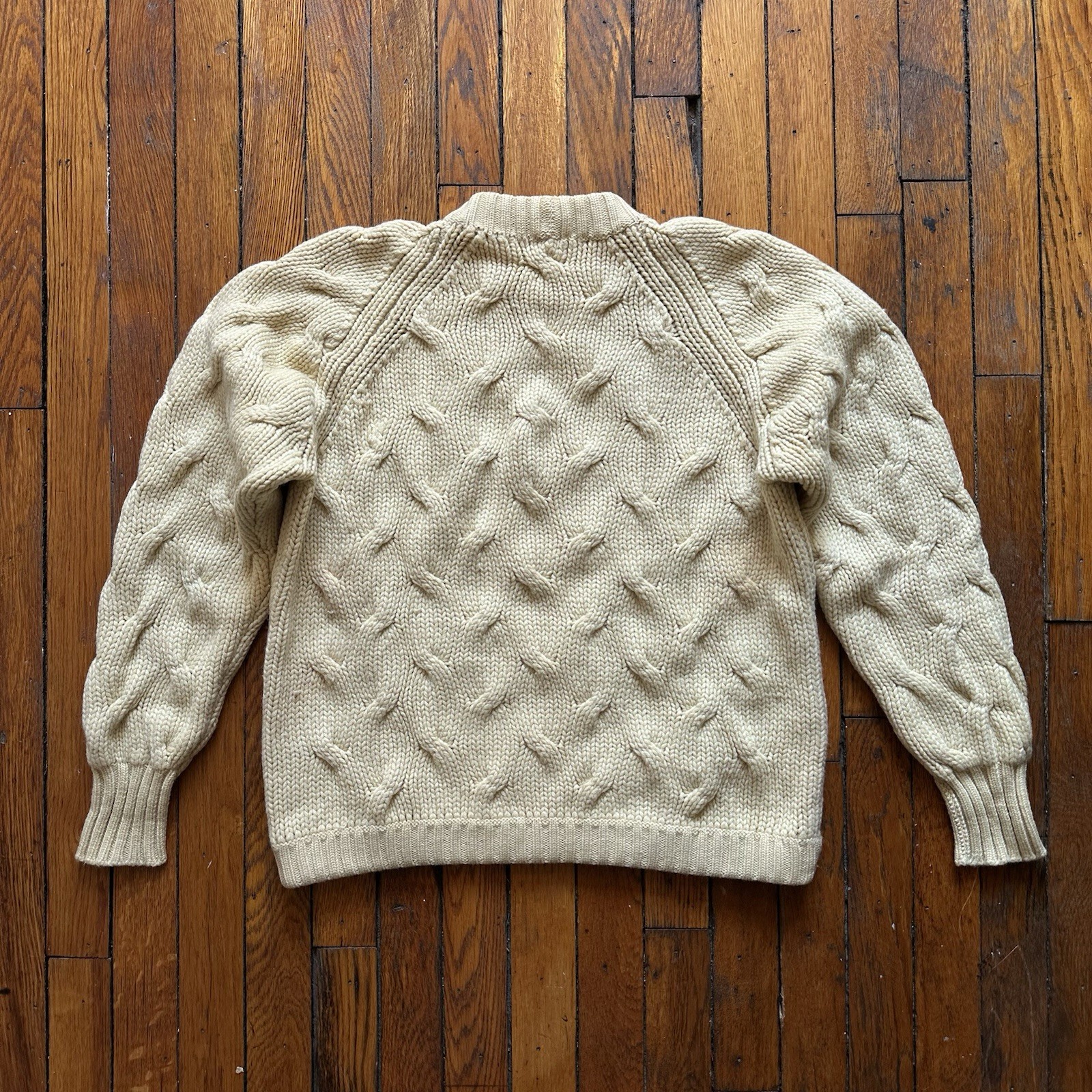 Vtg ALDO Gerick Handmade Cable Knit 100% Wool Sweater Women Medium Yellow Cream