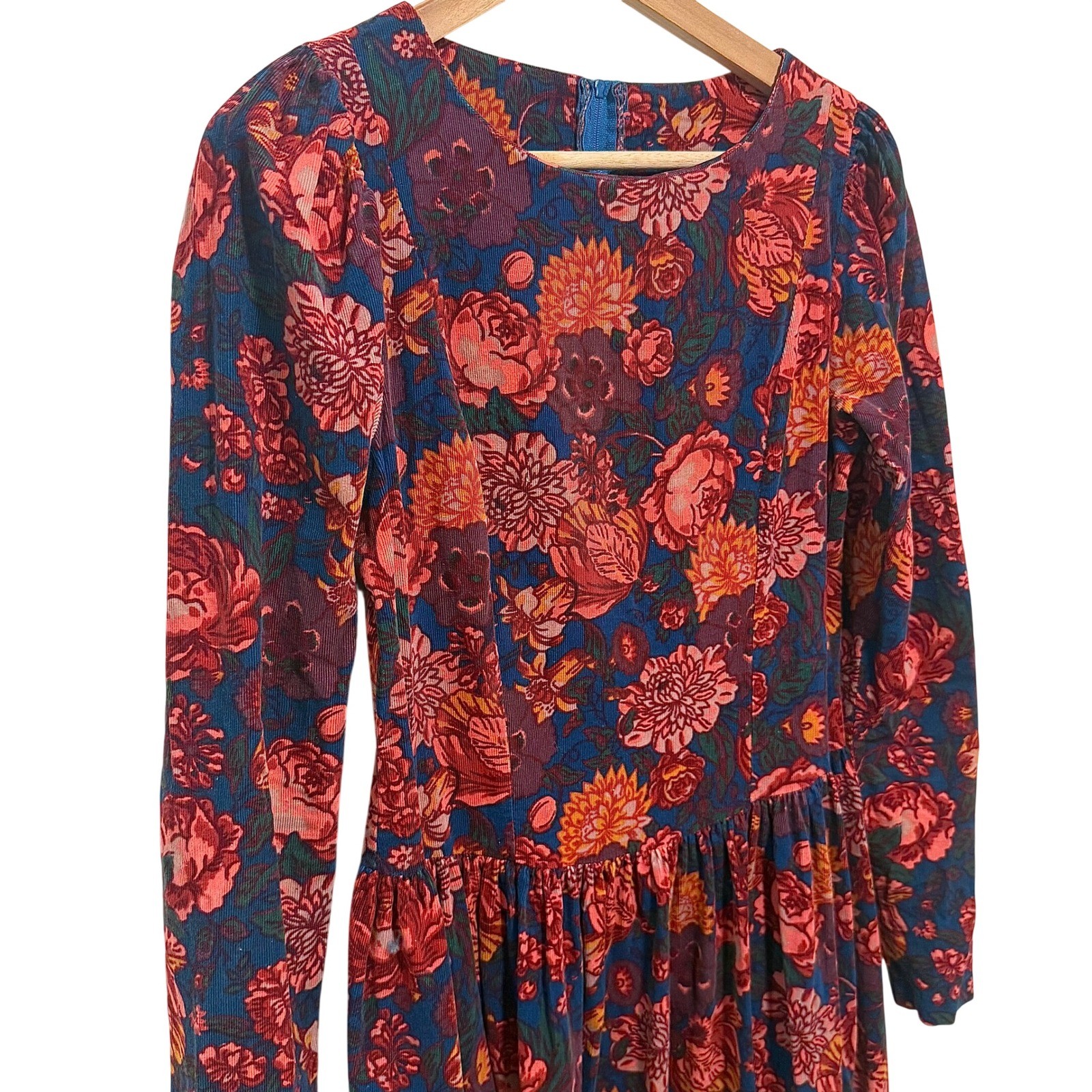 Vintage 80s Laura Ashley Floral Corduroy Drop Waist Dress ~ Great Britain US 10