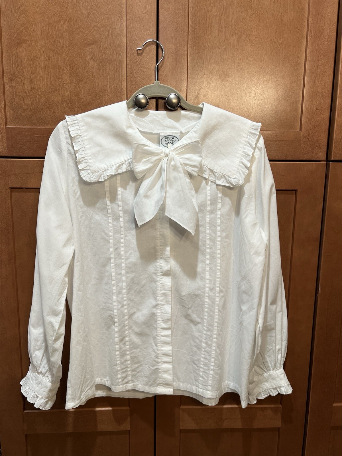 Vintage 80s Laura Ashley White Cotton Blouse Peter Pan Collar Bow Size 14
