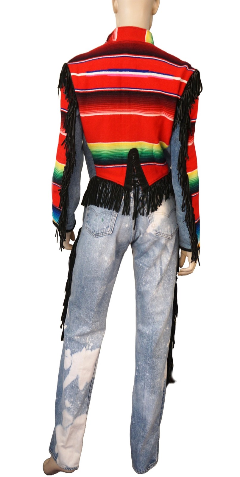 VINTAGE 80s Reworked Levi’s Jacket Sml Jeans Med Leather Fringe Mexican Blanket