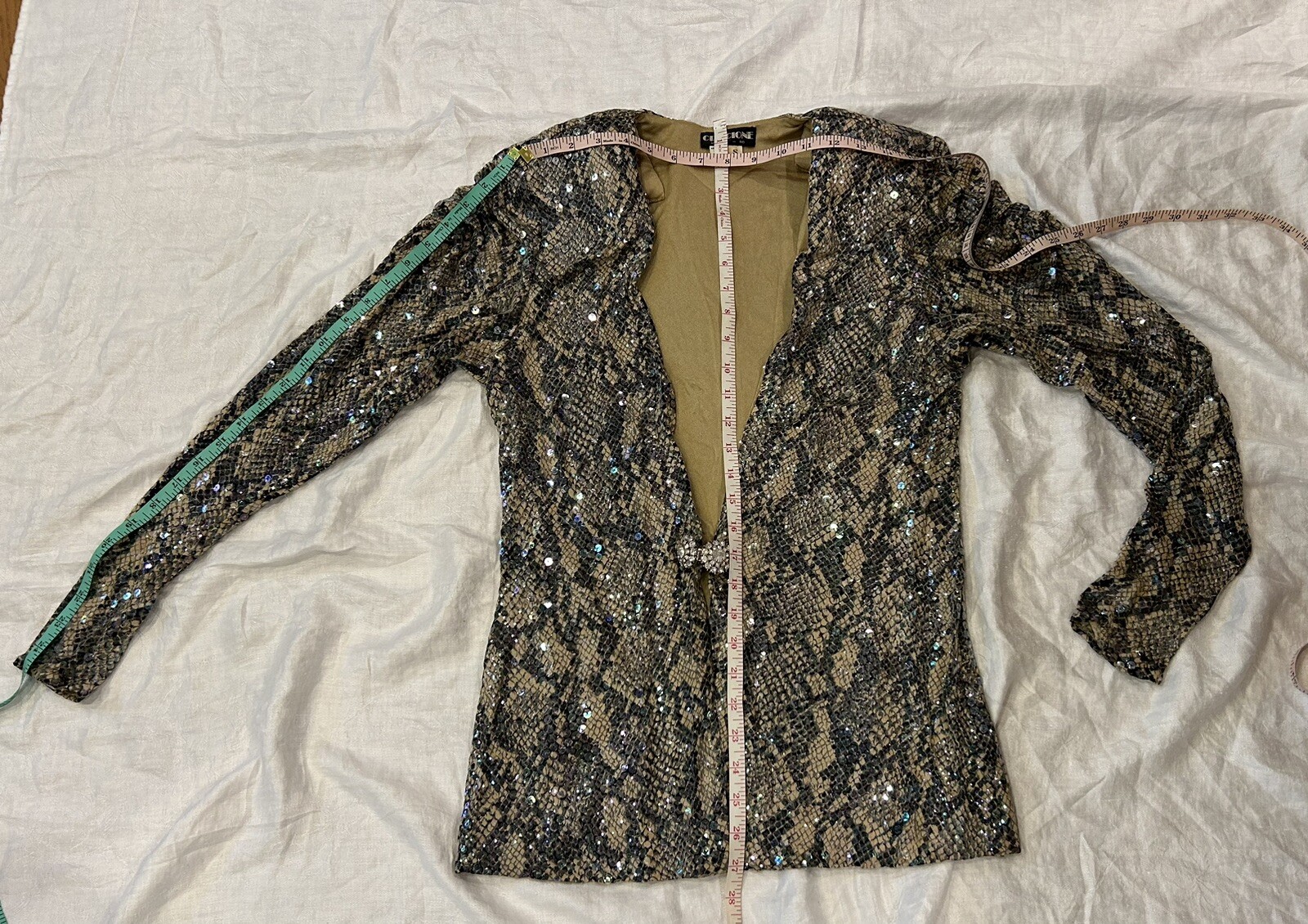 Vintage 80s Luxury Pant Suit Sz S Sequin Jersey Snakeskin Rhinestone CRISCIONE