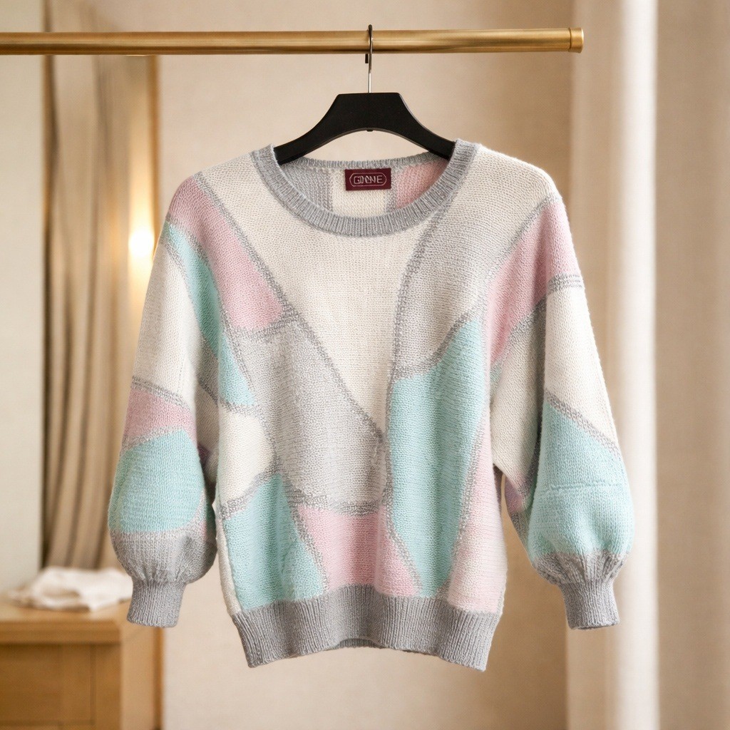 Vintage Ginenne M 80s Colorblock Sweater Pink Aqua Silver Metallic Wool Acrylic