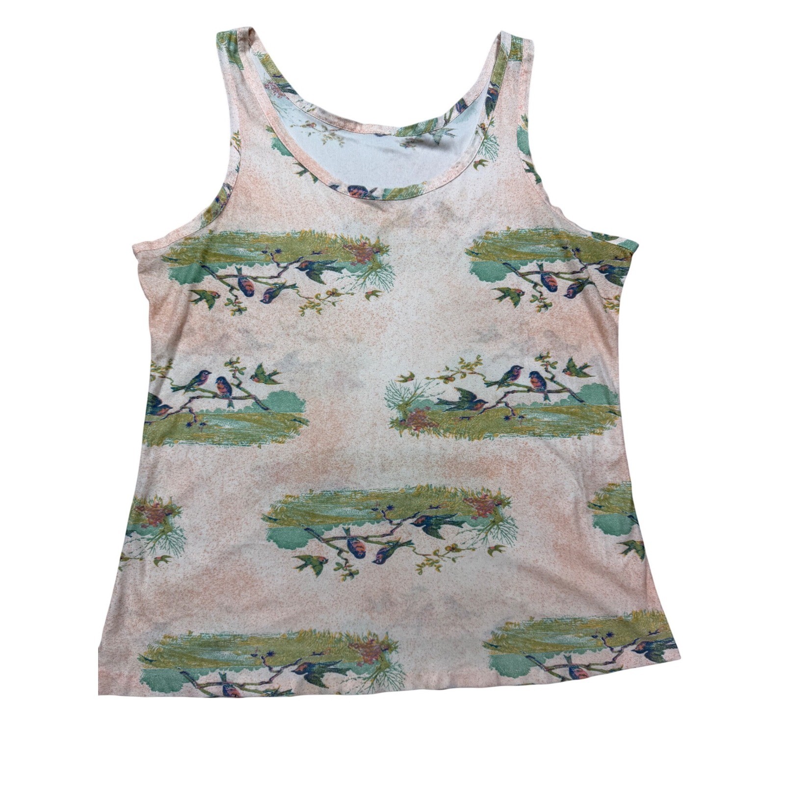 Vintage 90s Peach Green Cotton Blend Bird Scenic Print Tank Top Medium light