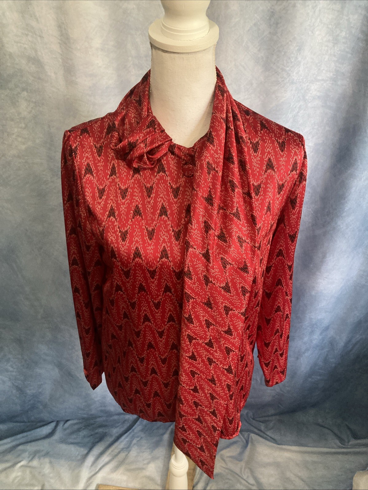 VTG 70s Weathervane Secretary Blouse Asymmetric Button Red Ikat Chevron Tie Neck
