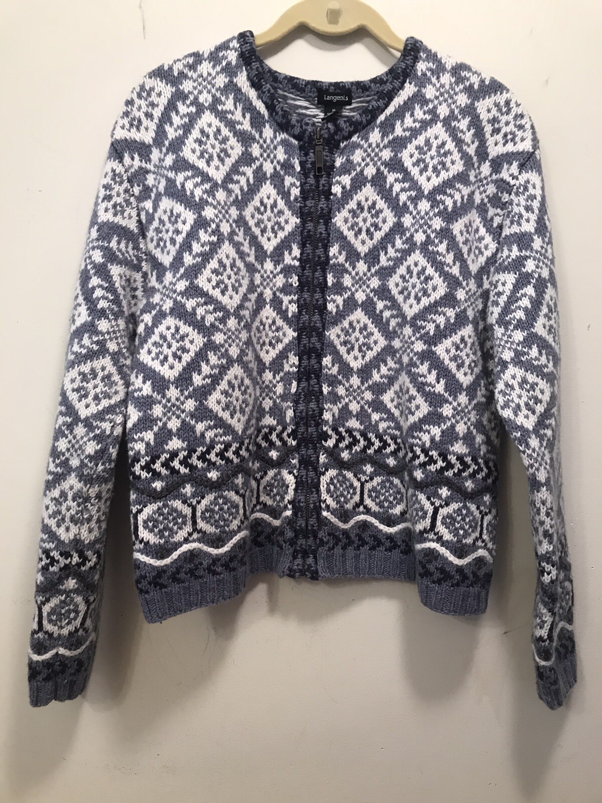 Tangents Ladies Cardigan Ramie Wool Acrylic Nylon Zip Front Ikat Icelandic Beaut