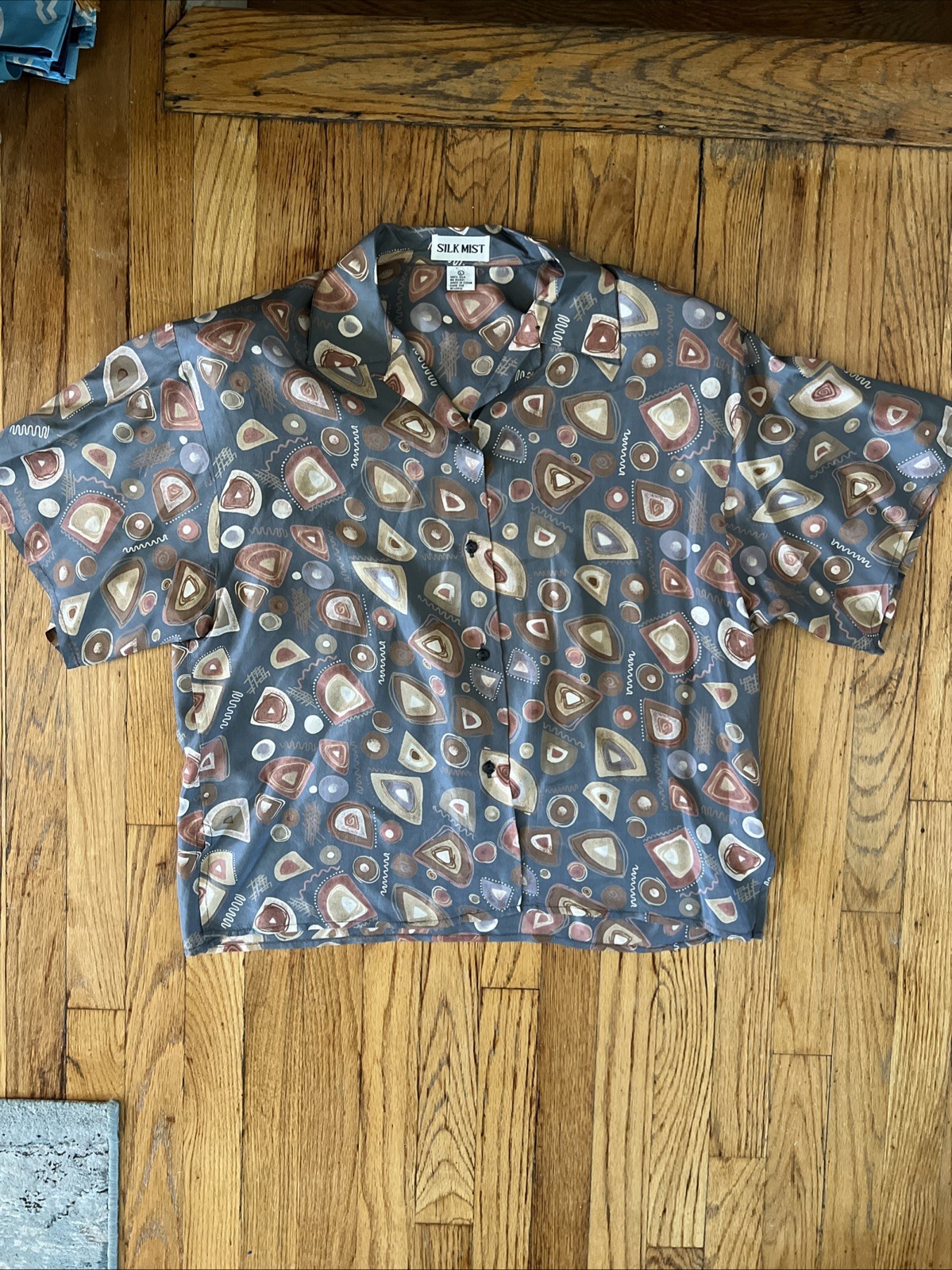 Silk Mist VTG 90s 100% Silk Shirt Abstract Art Print Button Up Shoulder Pads L