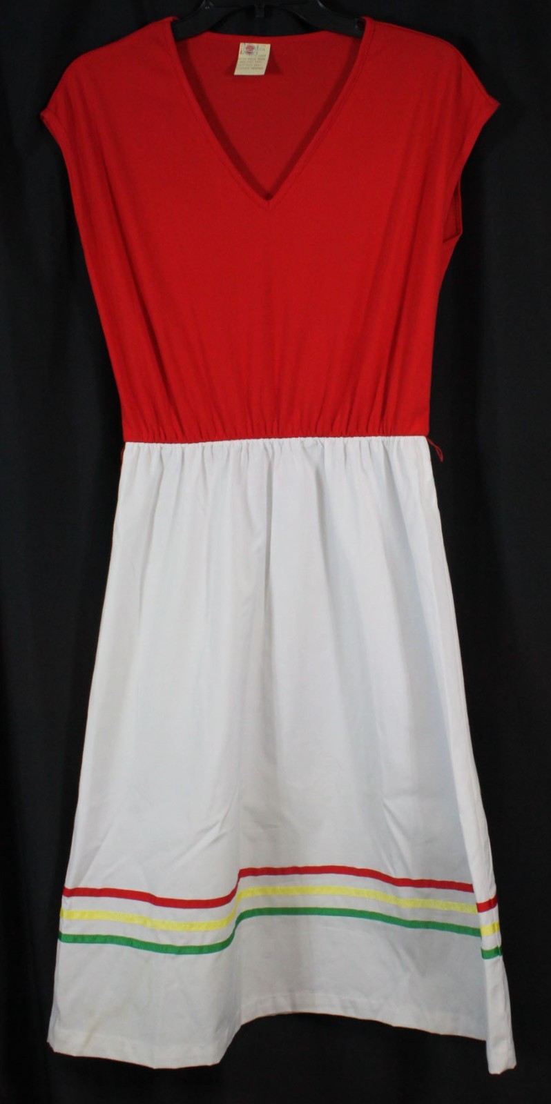 Vtg Union Made Dress 1970s 1980s Gathered Waist Grosgrain Ribbon Trim Perky 14