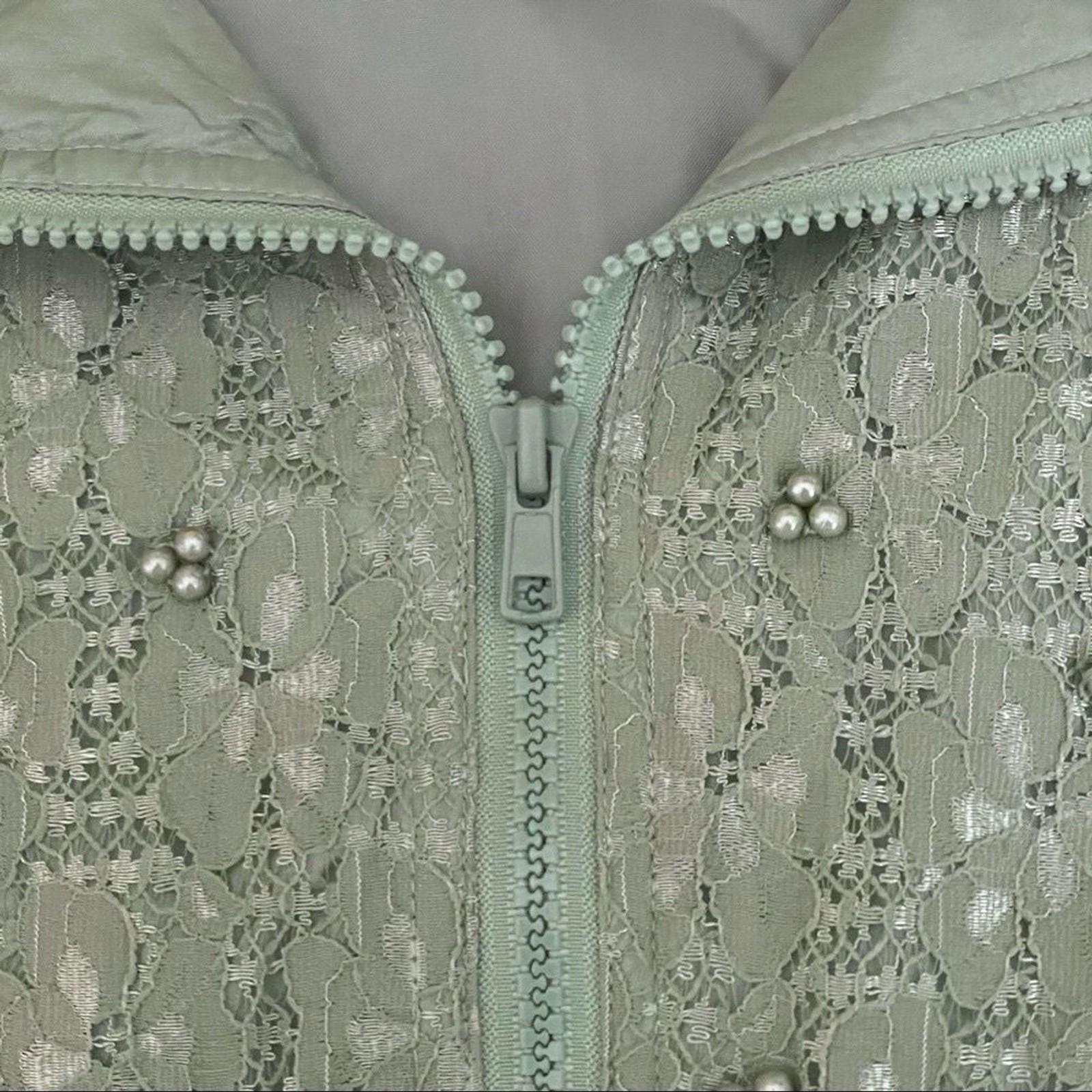 Vintage Y2K Maurada 100% Silk Beaded Lace Tracksuit Set XL Sage Jogger Jacket