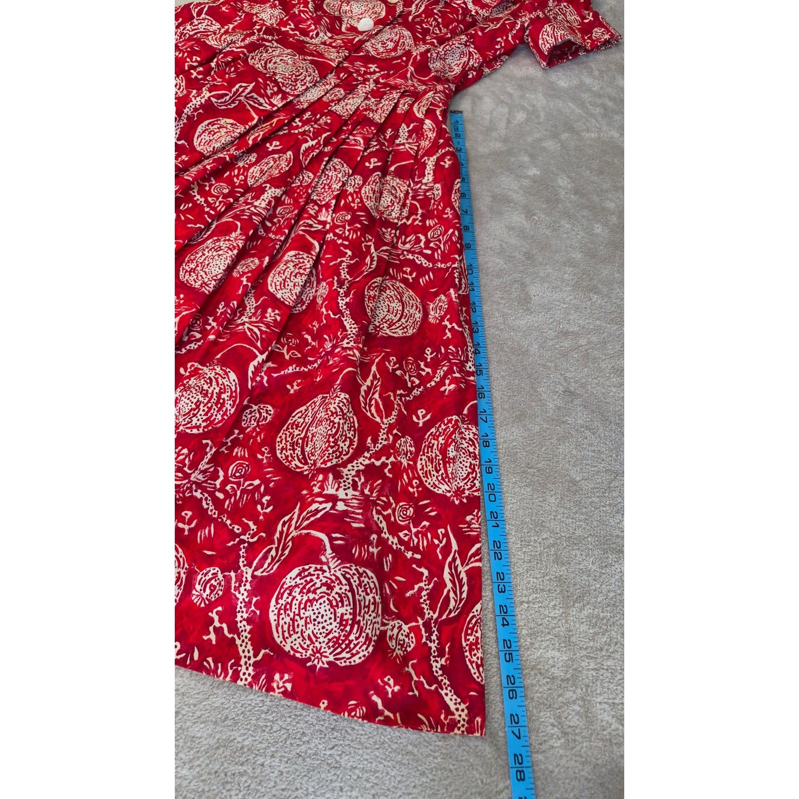 Vintage i Magnin Fit Flare Midi Dress Red Pomegranate Print Made France Size M