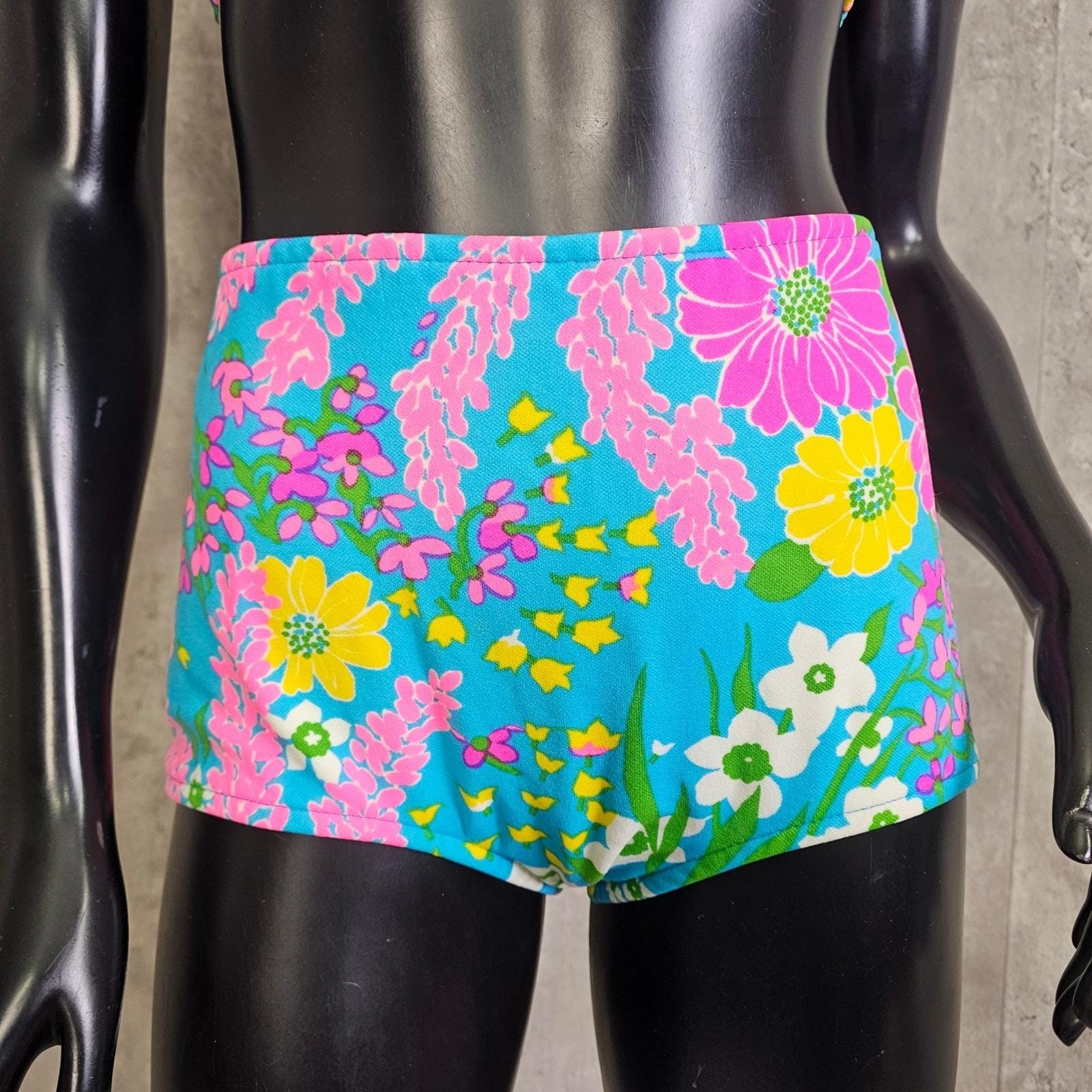 Vintage 70s Parform Originals Floral Bikini Tiki High Waist S Malibu Mod