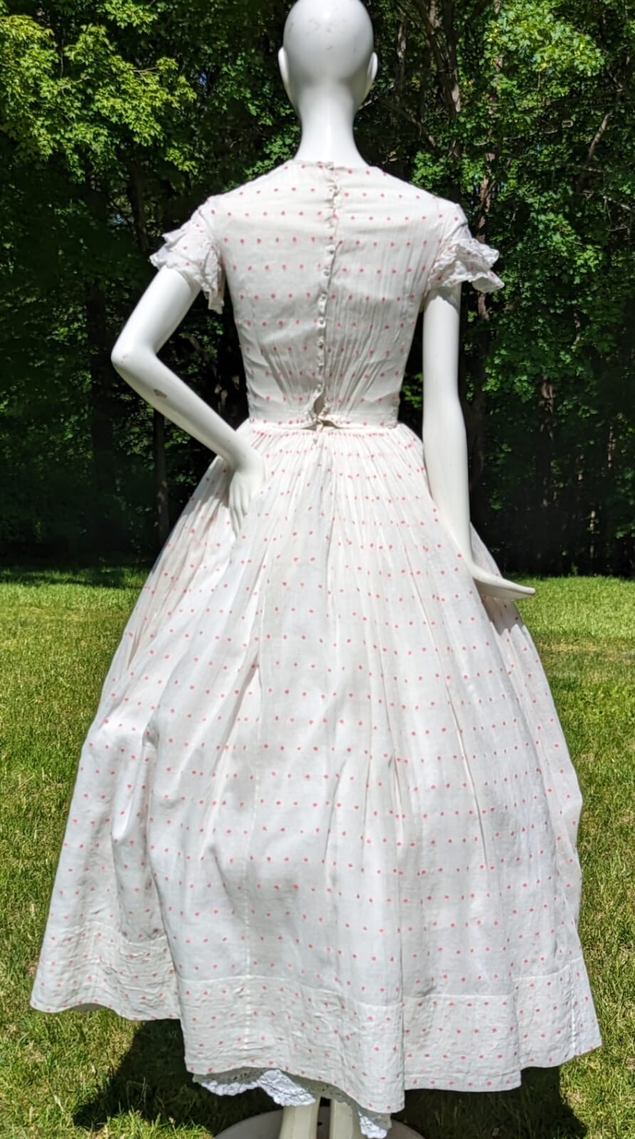 CIVIL WAR ERA SHEER PINK SWISS DOT MUSLIN SUMMER DRESS W CAP SLEEVES