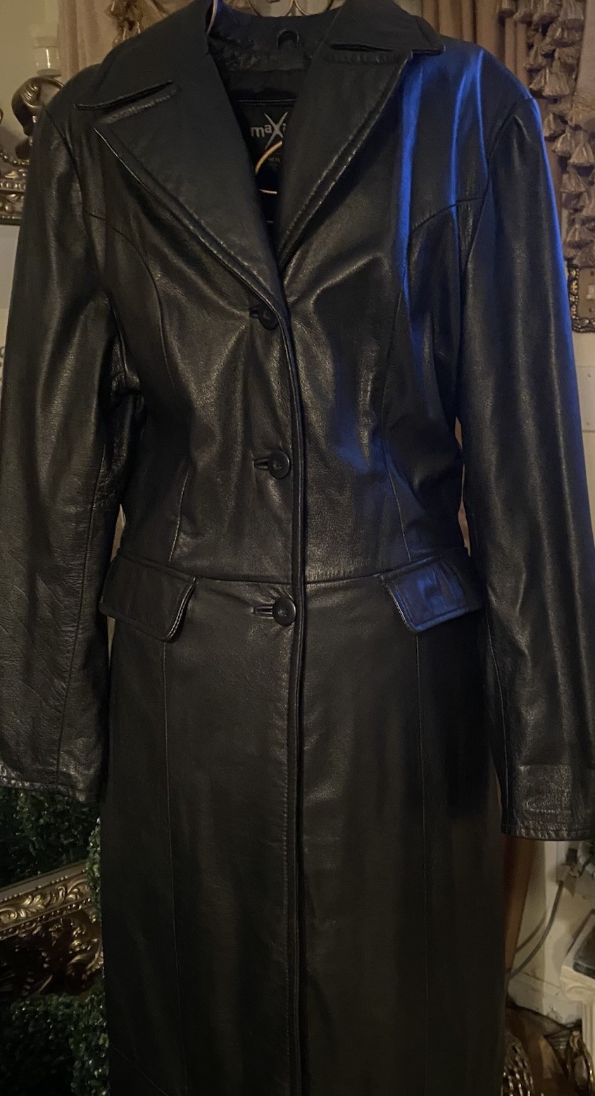 Vtg Wilson’s Leather Maxima Women’s L Black Matrix Long Leather Coat 59” Long 👀