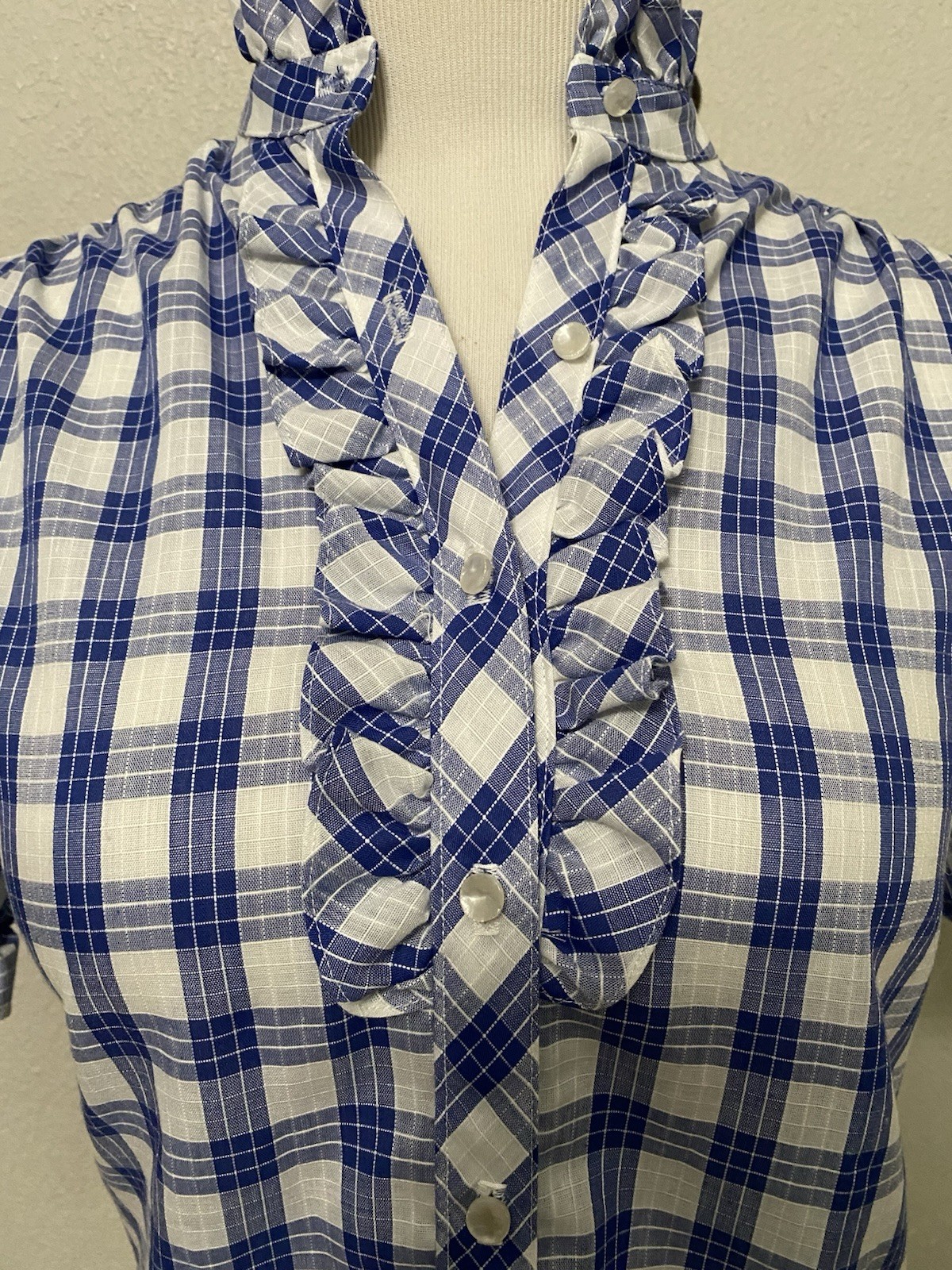 Vintage Laura Mae Life Blouse Blue Plaid Cottagecore Short Puff Sleeves 38 36 40