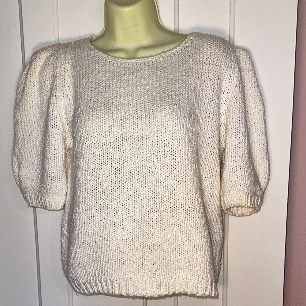Vintage 80s JEANNE PIERRE Creamy White Puff Sleeve Cotton/Ramie Sweater