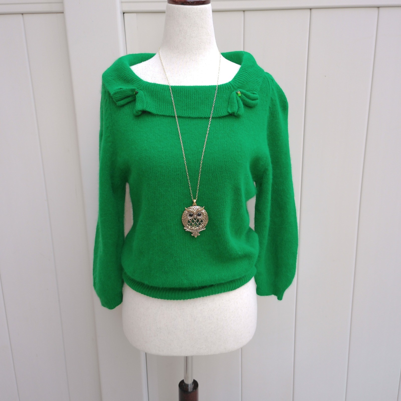 Vintage Nuage Angora Lambswool Bow Sweater Kelly Green S Cottagecore
