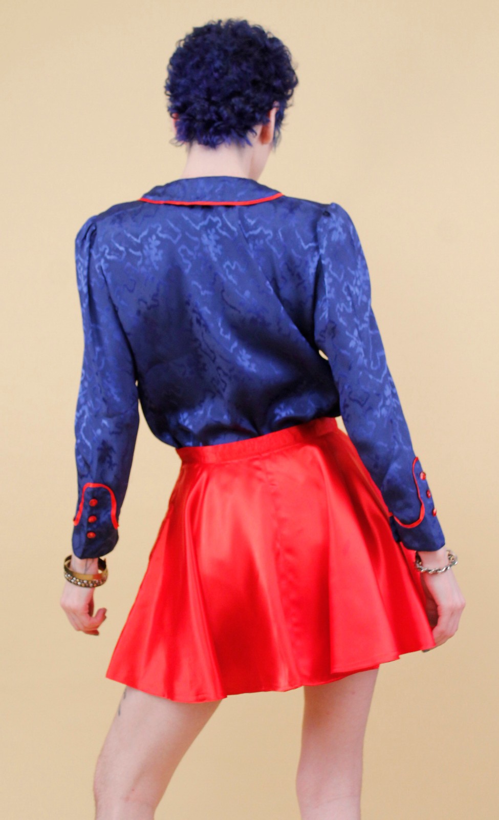 80s Vtg Blue Satin Sailor Moon Style Collar Blouse Shirt Button Up Nautical B34″