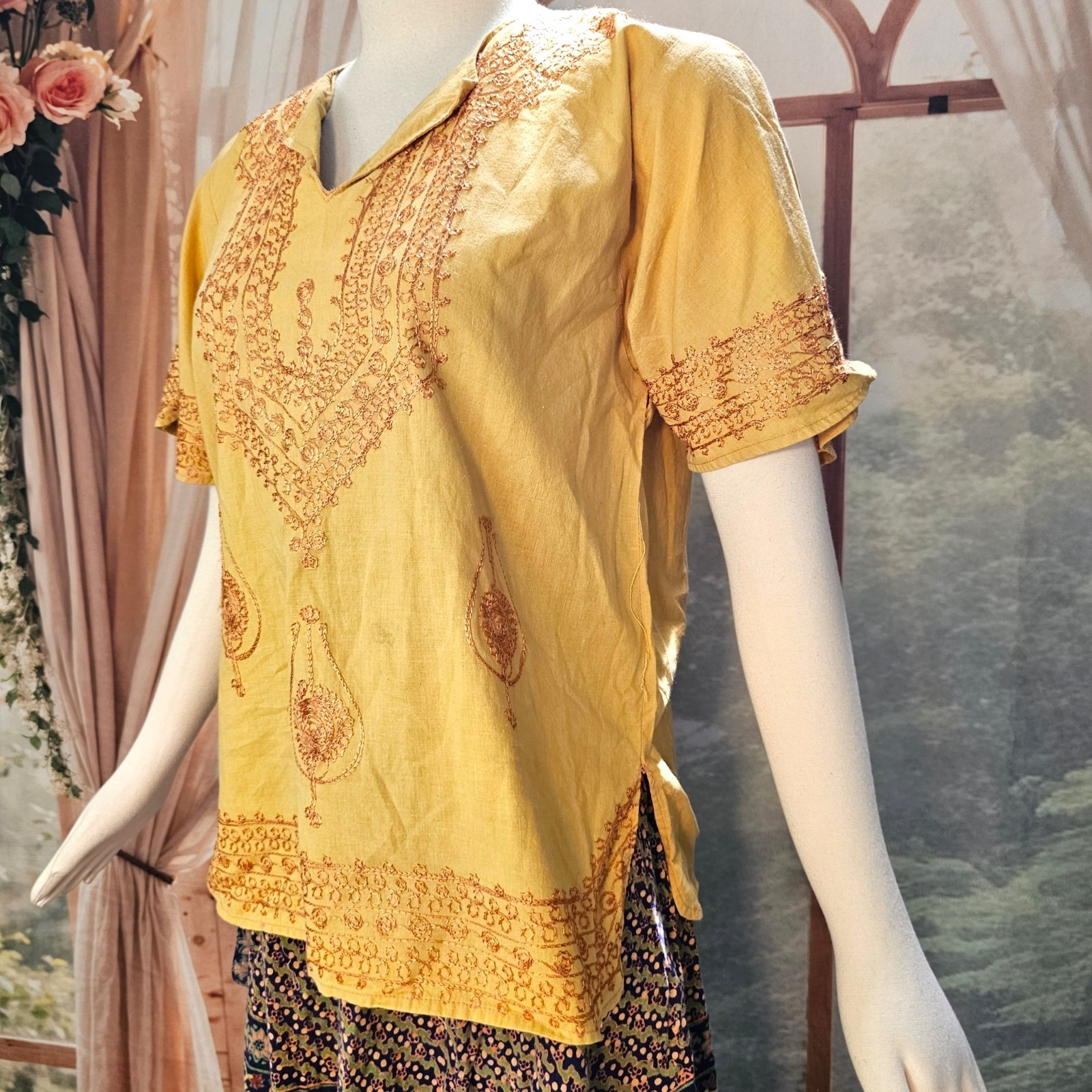 Vintage 1970s Blouse Top Shirt Mustard Yellow Embroidered India Short Sleeve