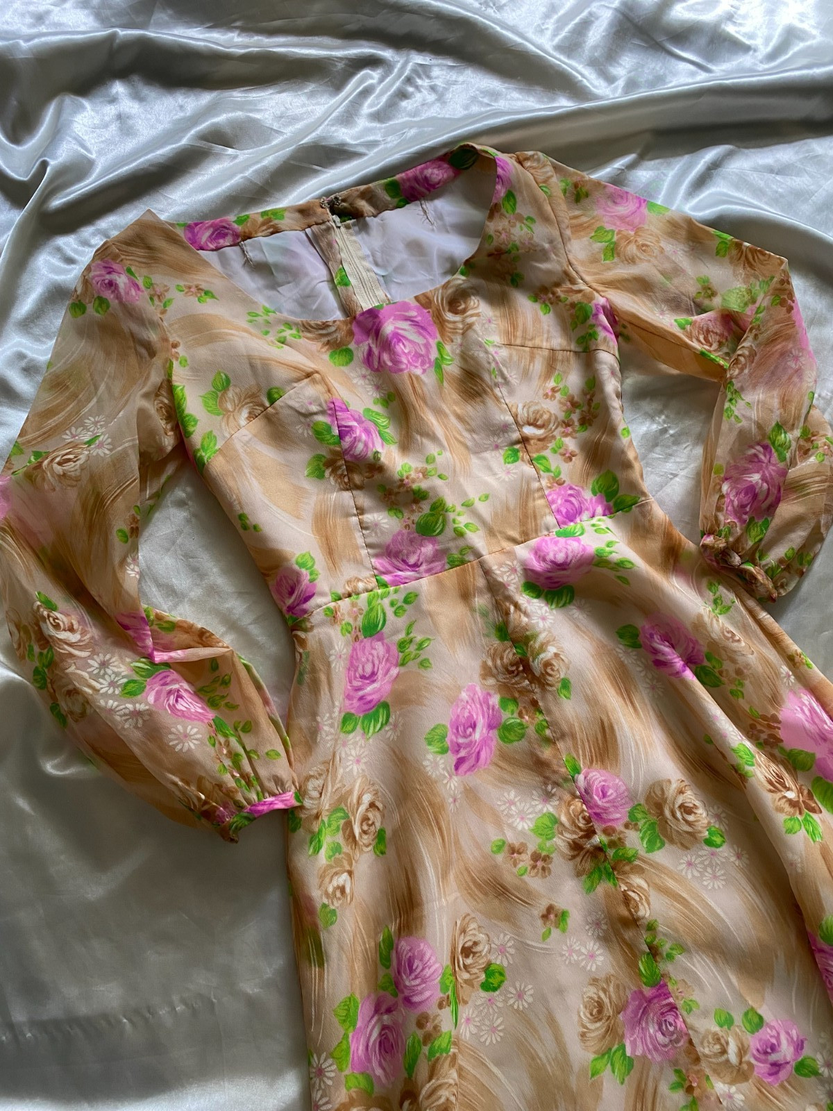 Vintage 1970s Floral Rose Prairie Boho Maxi Long Sleeve Gown Small Handmade