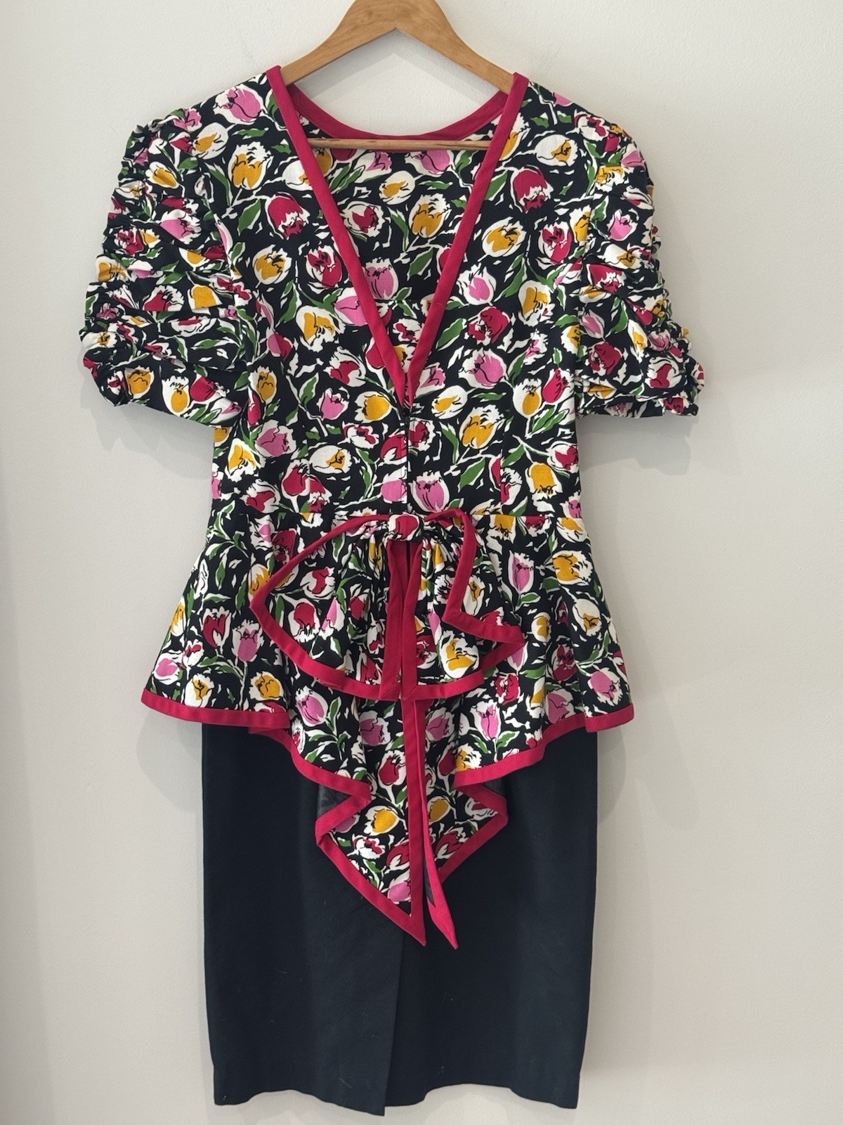 VTG Donna Morgan Non Stop 9/10 Multicolored Peplum Floral Bodice Combo Dress Y2K