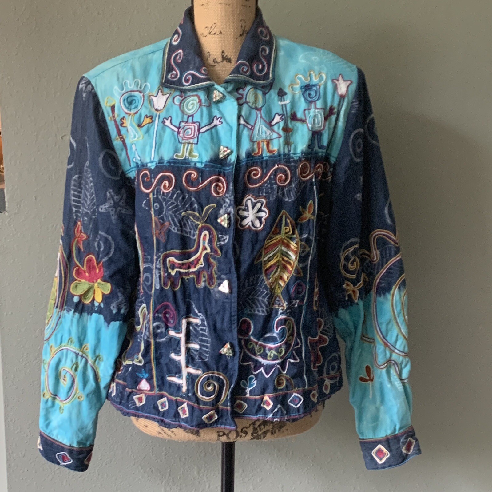 Vintage Sandy Starkman Art To Wear Jacket Embroidered Tie Dye Denim Turquoise
