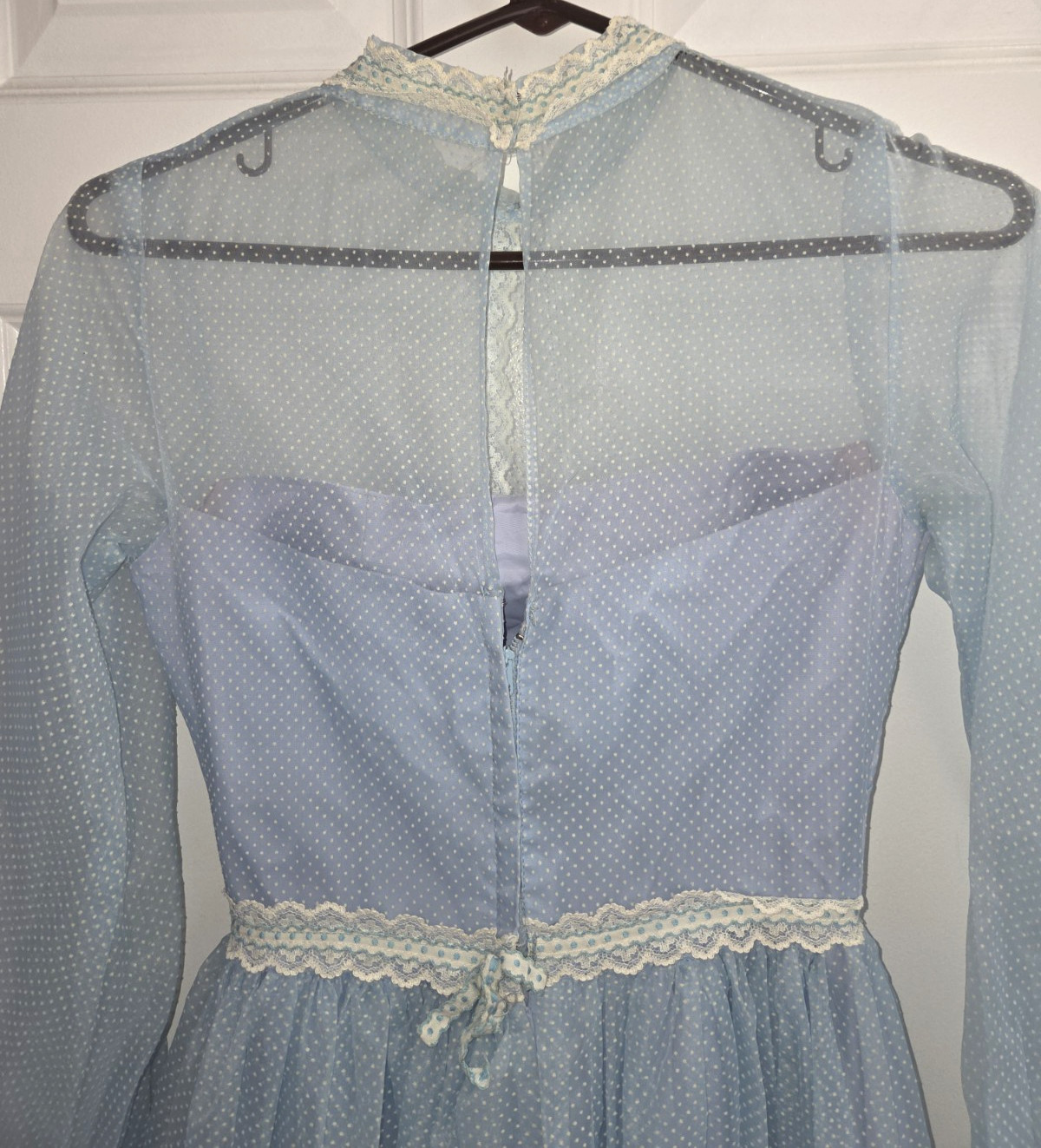 VTG Handmade Blue Flocked Dotted Swiss Dot Maxi Dress Prairie Cottagecore Small