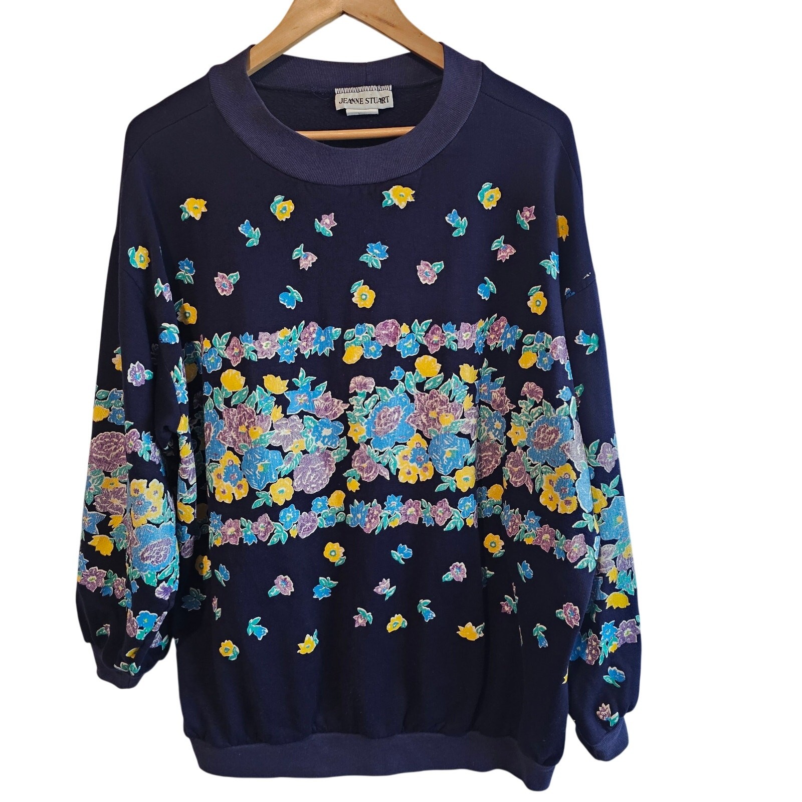 Vintage Floral Sweatshirt Womens 1X Blue 90s Granny Boho Fleece Spring Easter