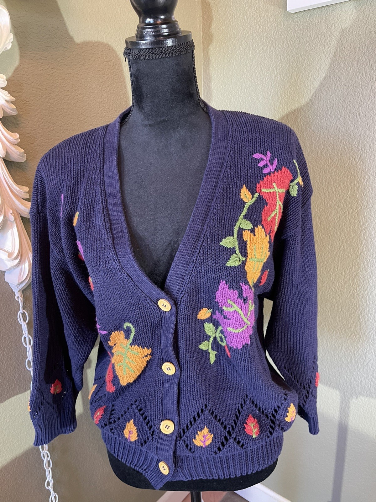 Vintage 90s Hunter’s Glen Navy Fall Leaves Cardigan Knit Sweater Sz L Petite