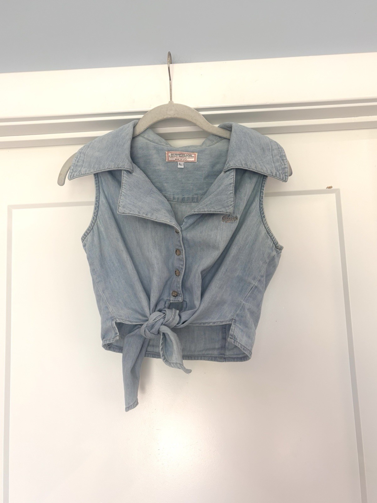 Vintage 80s/ 90s Guess Georges Marciano Cropped Denim Tie Front Sleeveless Top