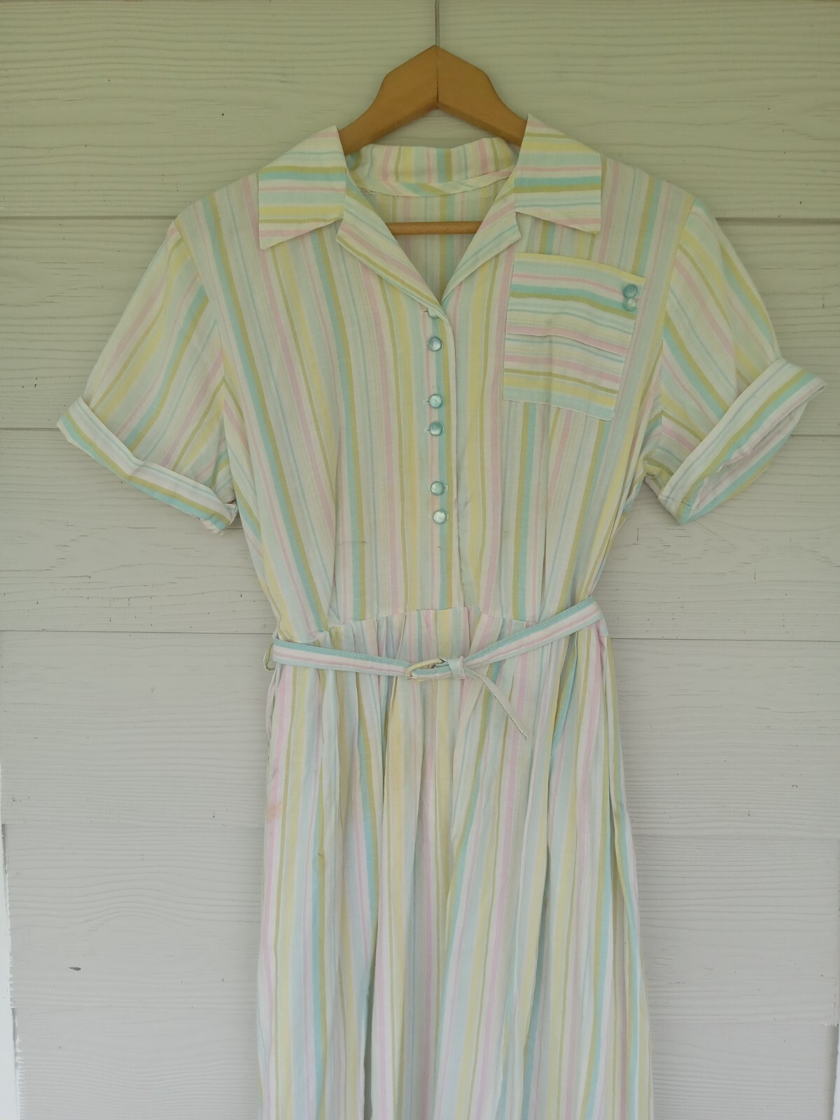 Vintage Women’s Handmade Shirt Dress With Belt Pastel Stripes Buttons 40s-60s