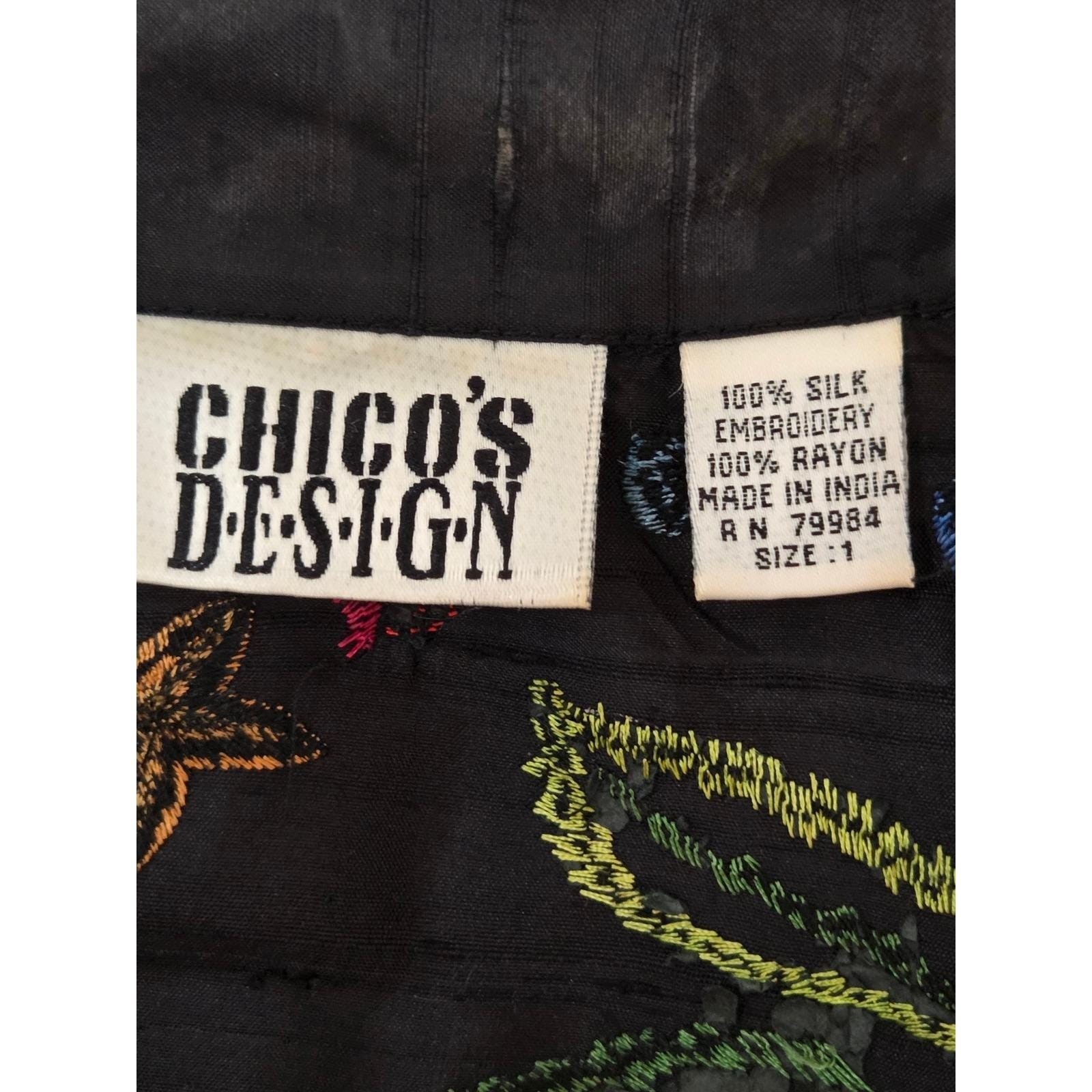Chico’s Design Jacket Womens Size 1 Medium Black Silk Embroidered Vintage 80s