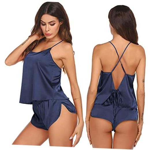 Silk Pajamas Set for Women Satin Backless Lingerie Pjs Cami Medium Navy Blue