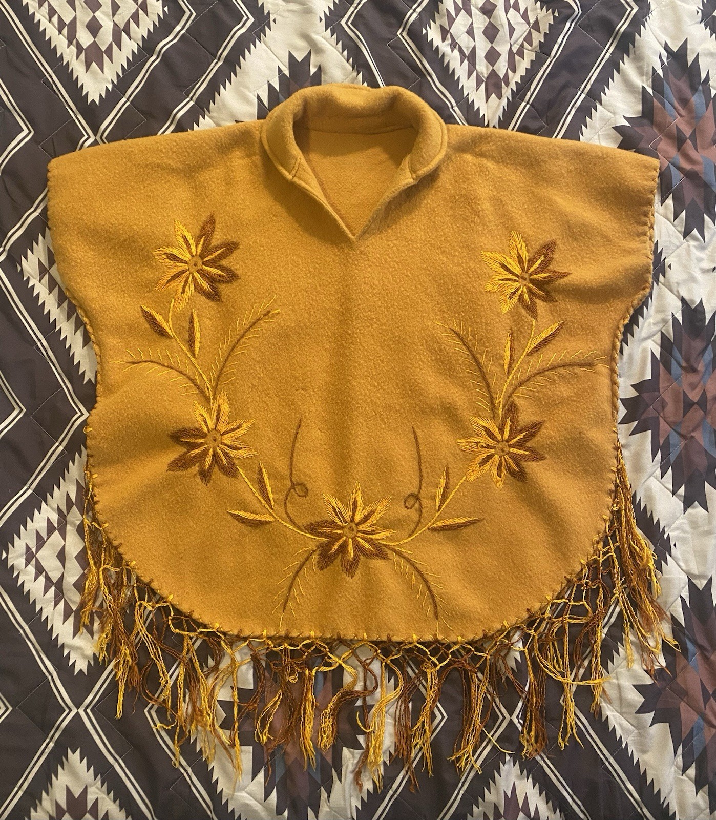 Vintage 60s Fringe Embroidered Wool Poncho Cape Flowers Yellow Women’s OSFM
