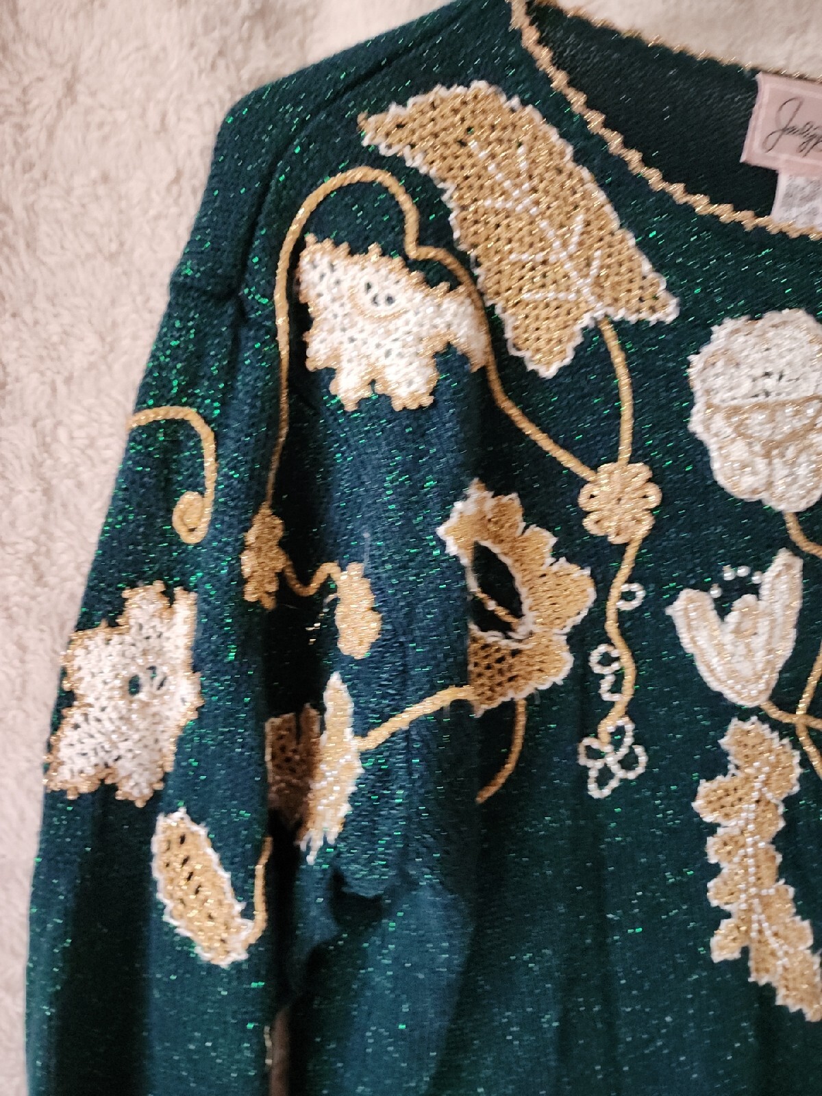 Joeclyn Smith VTG Embroidered Beaded Sparkly Green Gold Sweater 80s Womens Sz S