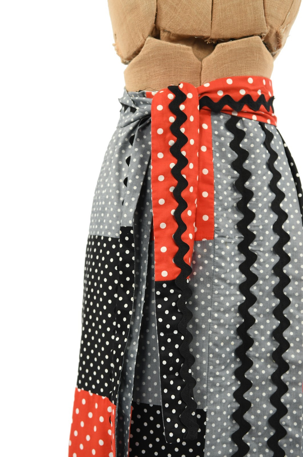 Vintage 70s Polka Dot Patchwork Wrap Maxi Skirt Red Black Gray Ric Rac Trim M