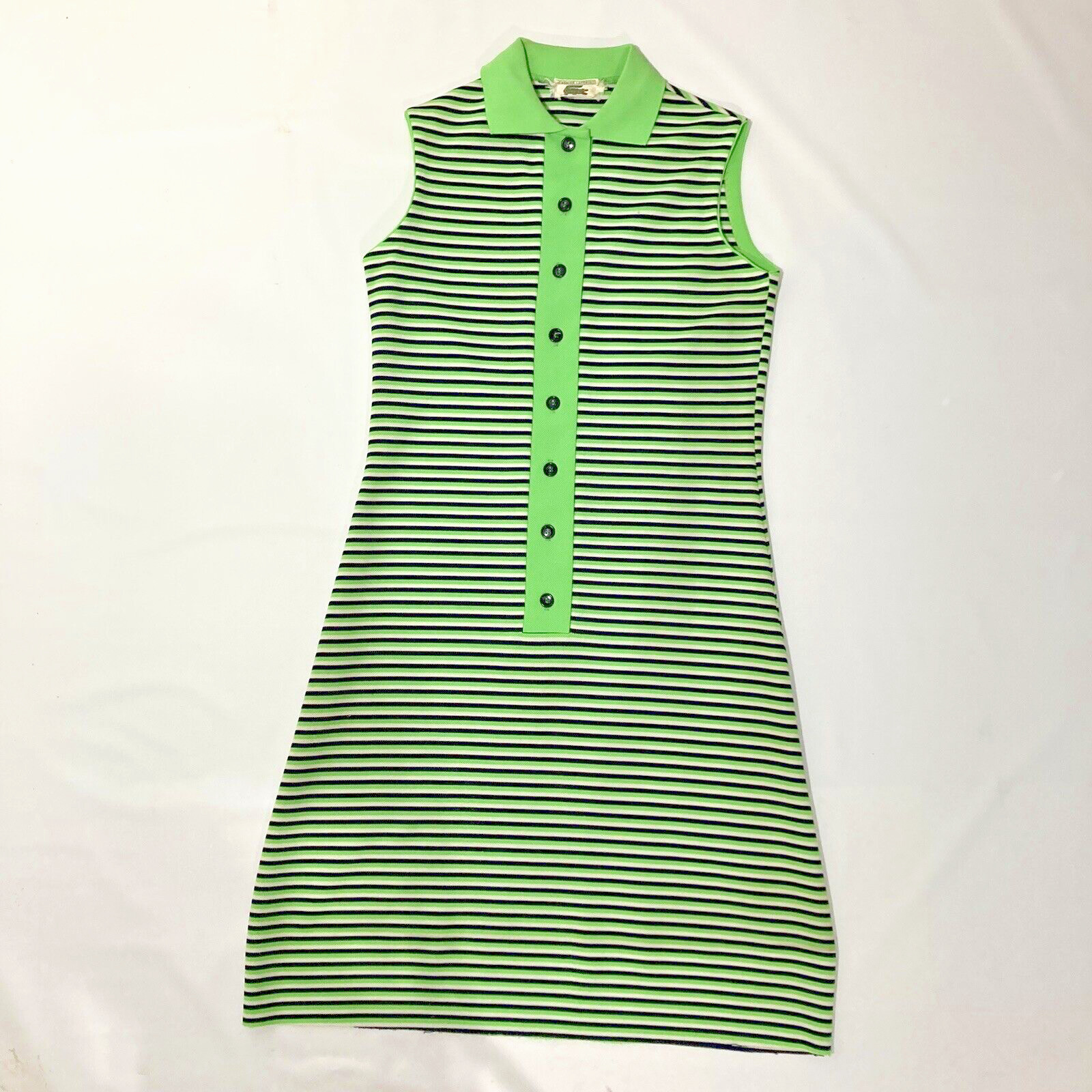 Vtg 70s Chemise Lacoste Shift Dress Med Lime Green/Black Stripe Mod Go-Go Preppy