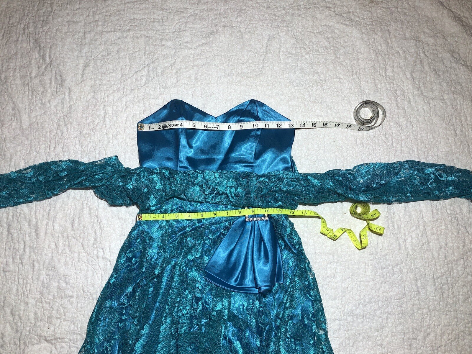 Vintage 80’s Lace Over Satin Teal Tea/Party Prom Dress Satin Bow Bling Sz 6 XS