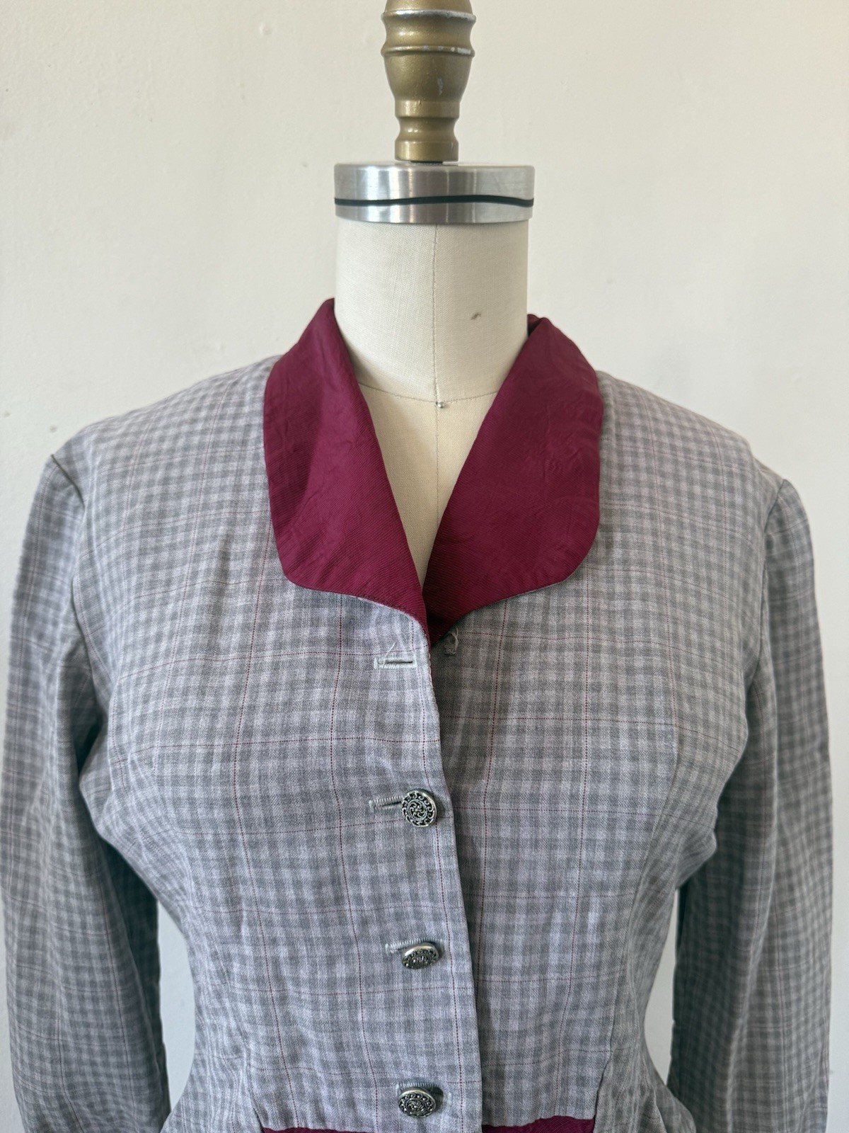1940s Plaid Rayon Structured Peplum Jacket/Bodice Top W/ Contrast Faille Trim S